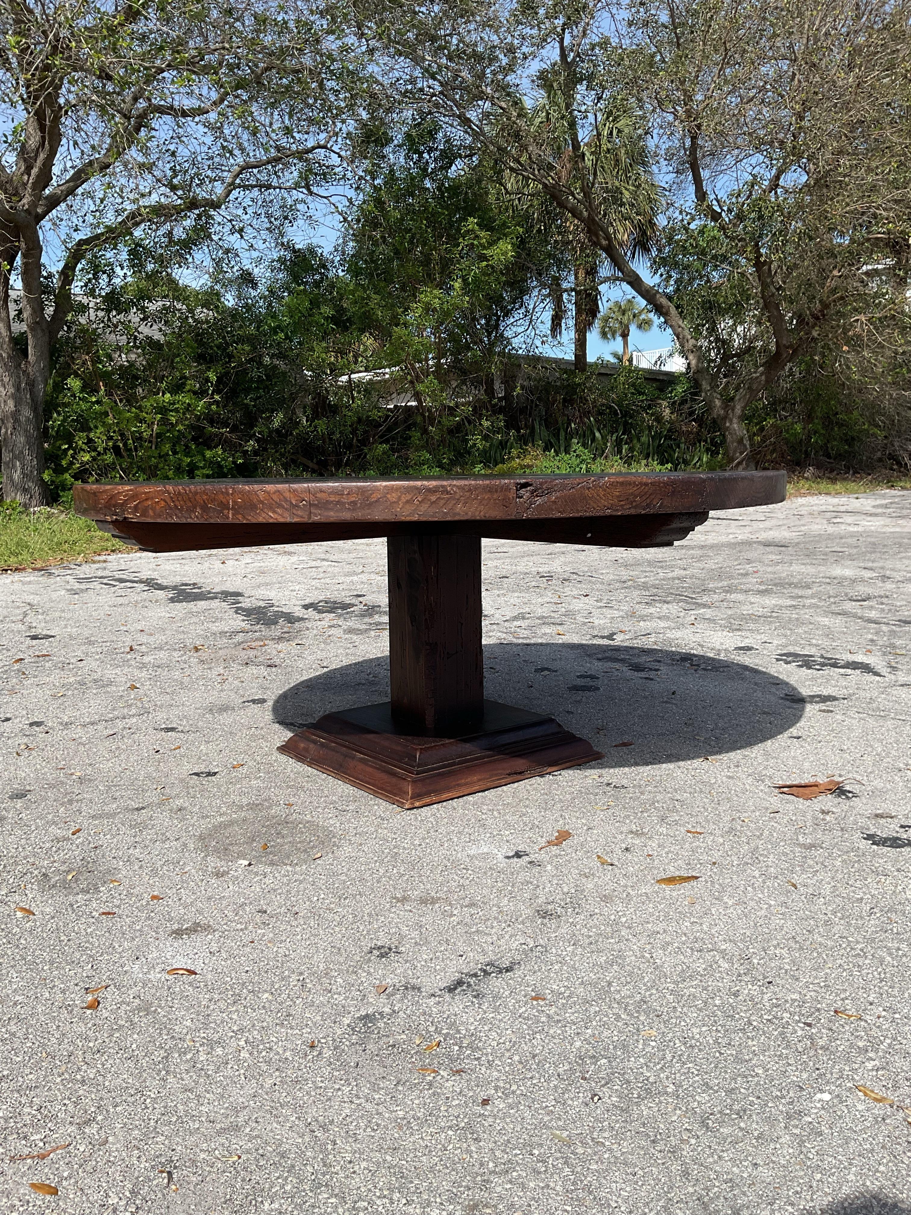 20th Century Vintage Round Dark Cypress Farm Table Entry Table For Sale