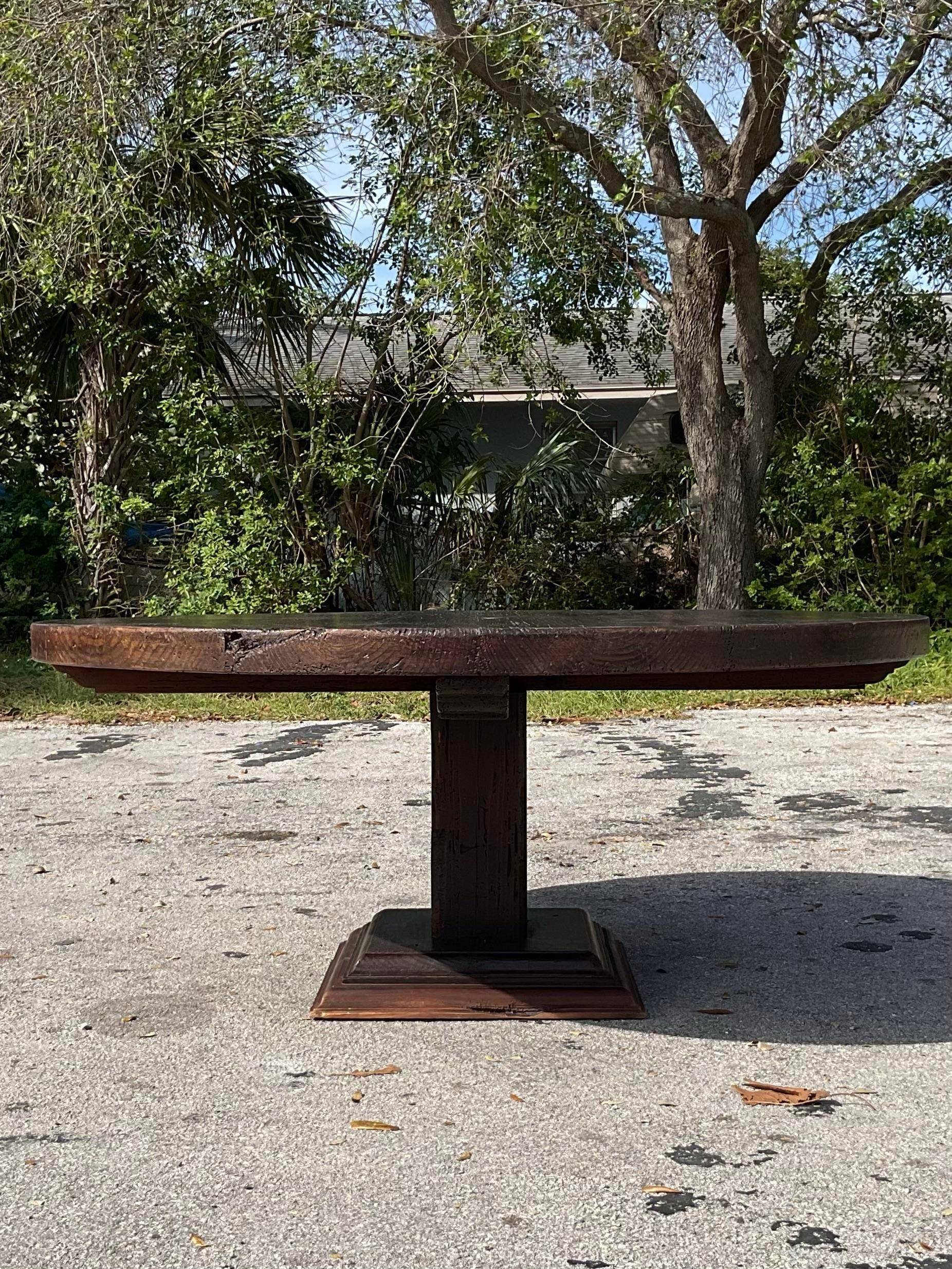 Vintage Round Dark Cypress Farm Table Entry Table For Sale 1