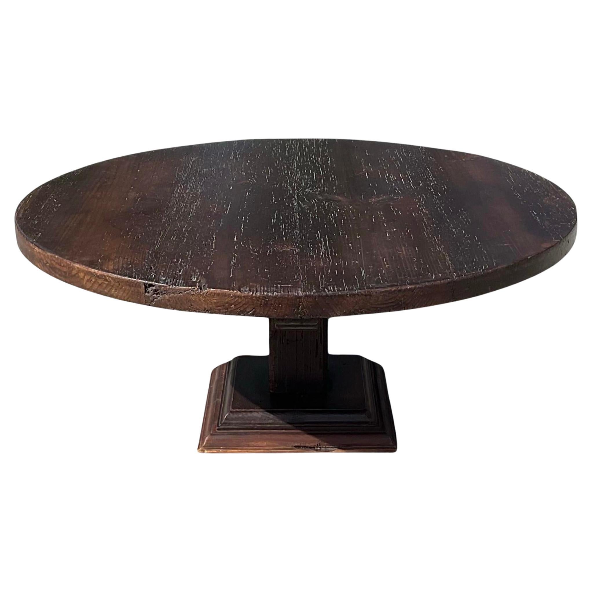 Vintage Round Dark Cypress Farm Table Entry Table For Sale