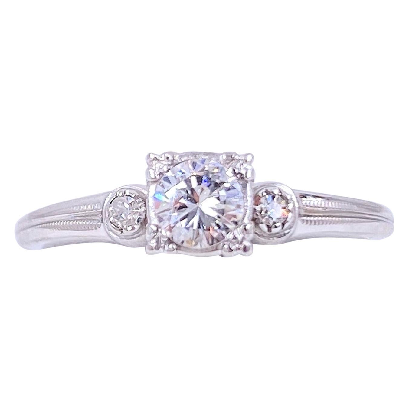 Vintage Round Diamond Engagement Ring 0.34 Carat 14 Karat White Gold For Sale