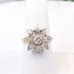 Vintage Round Diamond Flower Ring 0.87 Carat 14 Karat White and Yellow Gold