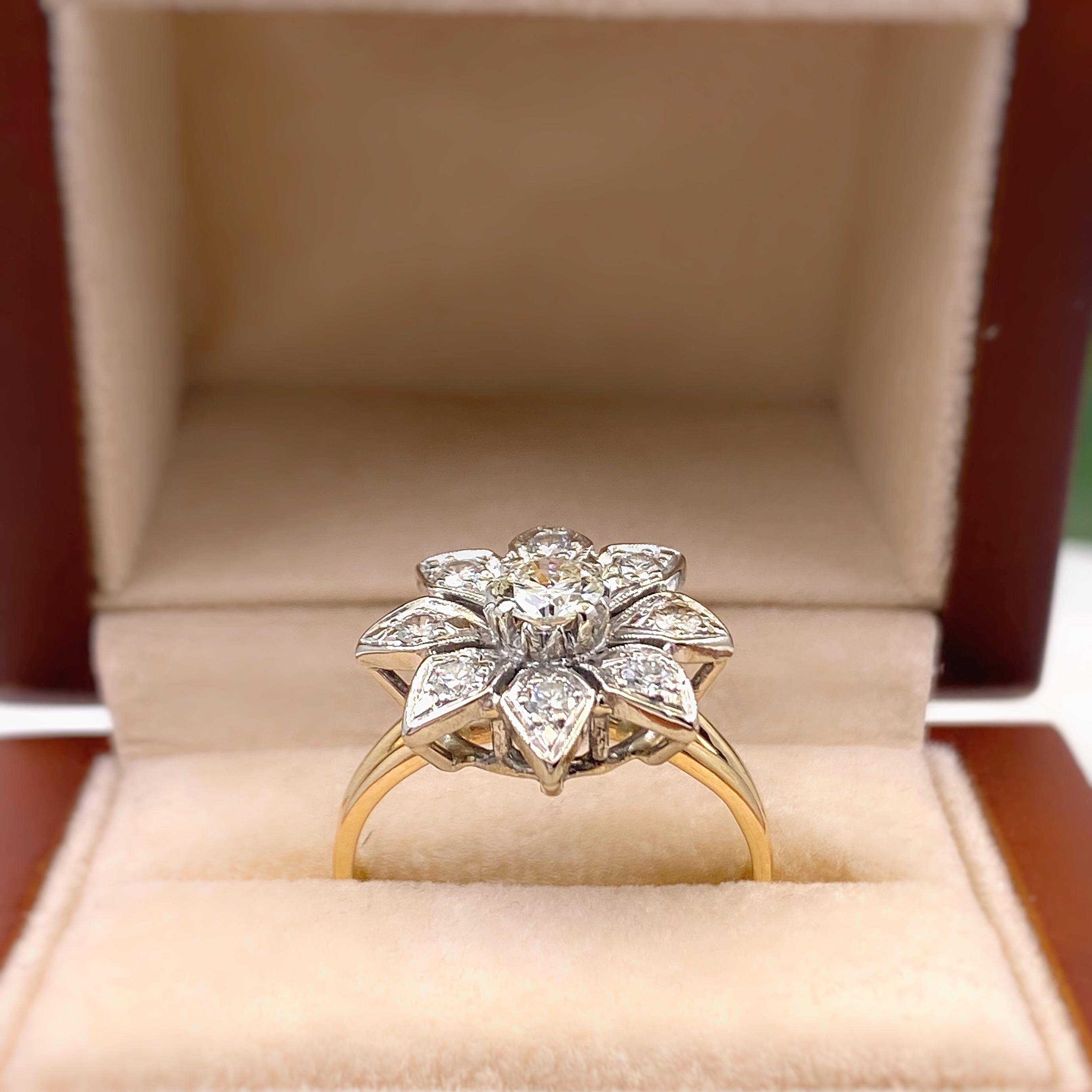 Round Cut Vintage Round Diamond Flower Ring 0.87 Carat 14 Karat White and Yellow Gold