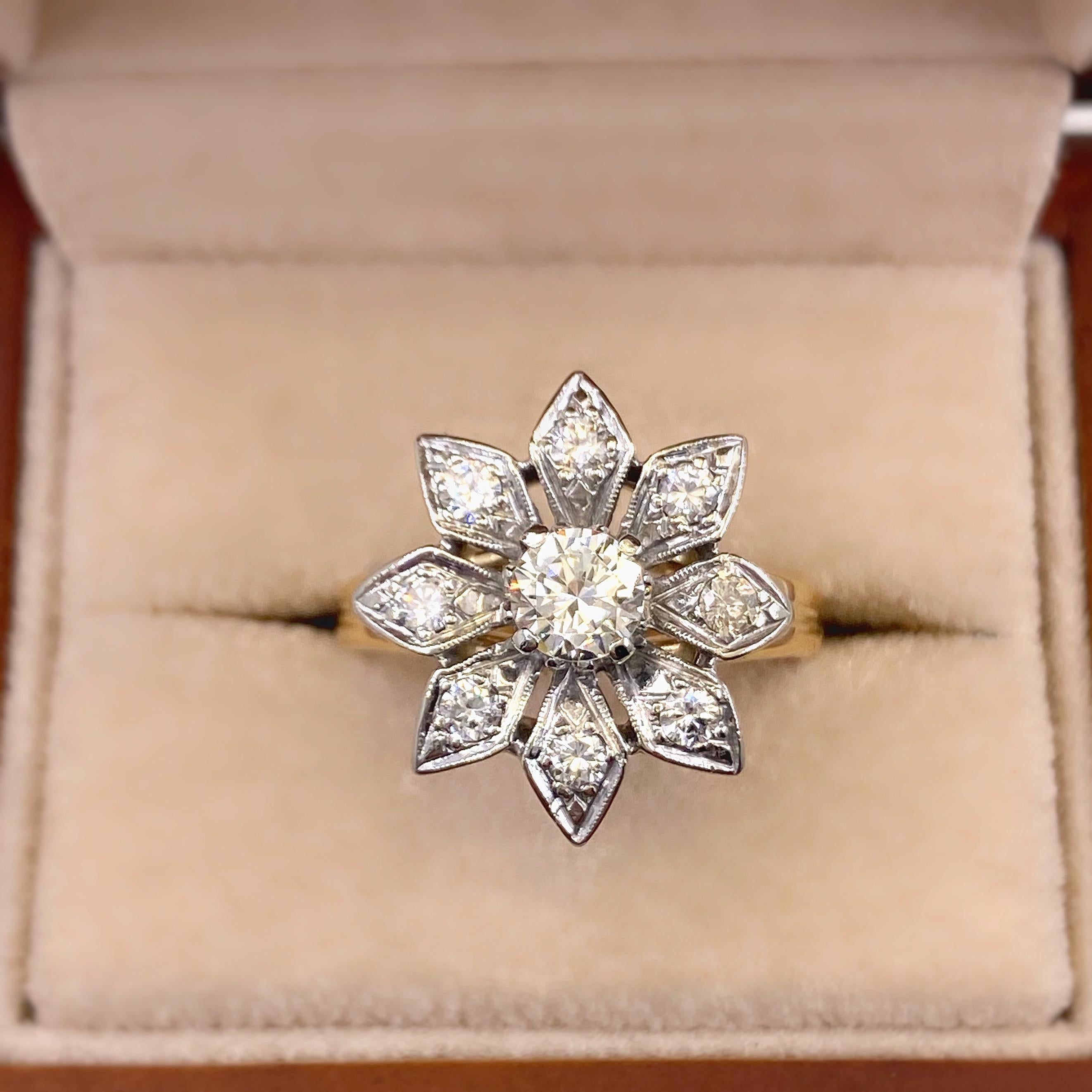 Vintage Round Diamond Flower Ring 0.87 Carat 14 Karat White and Yellow Gold In Excellent Condition In San Diego, CA