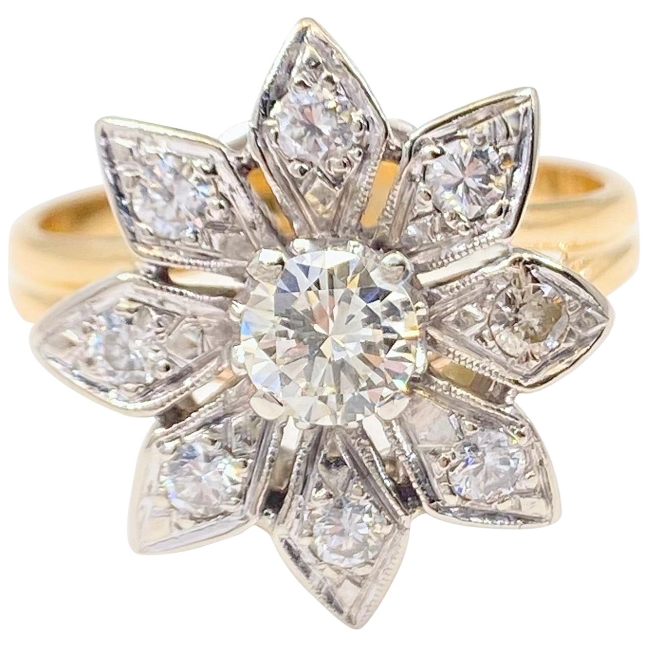 Vintage Round Diamond Flower Ring 0.87 Carat 14 Karat White and Yellow Gold