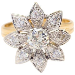 Vintage Round Diamond Flower Ring 0.87 Carat 14 Karat White and Yellow Gold