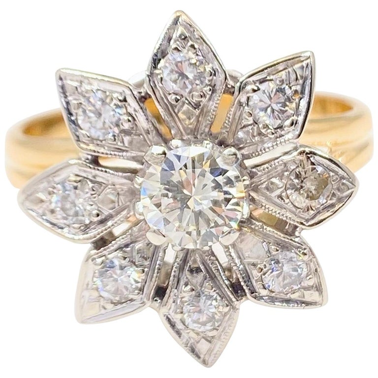 Vintage Round Diamond Flower Ring 0.87 Carat 14 Karat White and Yellow Gold  at 1stDibs | vintage flower diamond ring