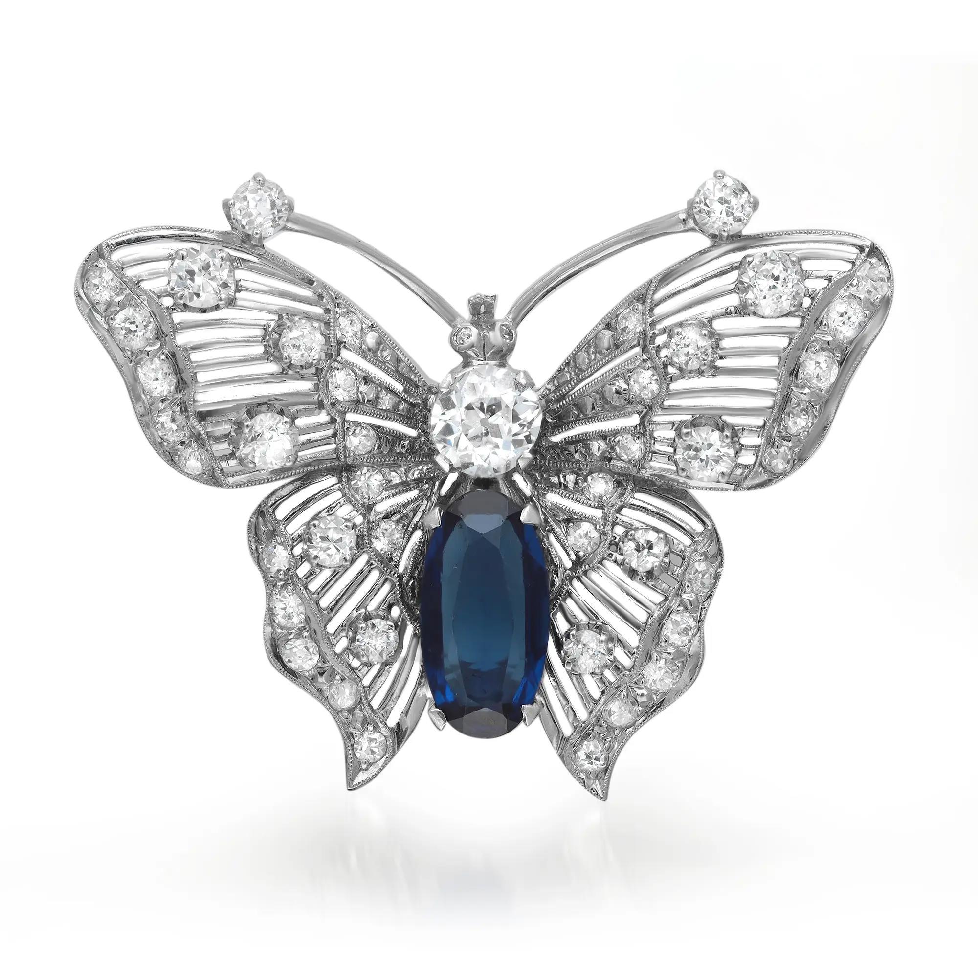 Modern Vintage Round Diamond & Synthetic Blue Sapphire Butterfly Brooch 14K White Gold For Sale