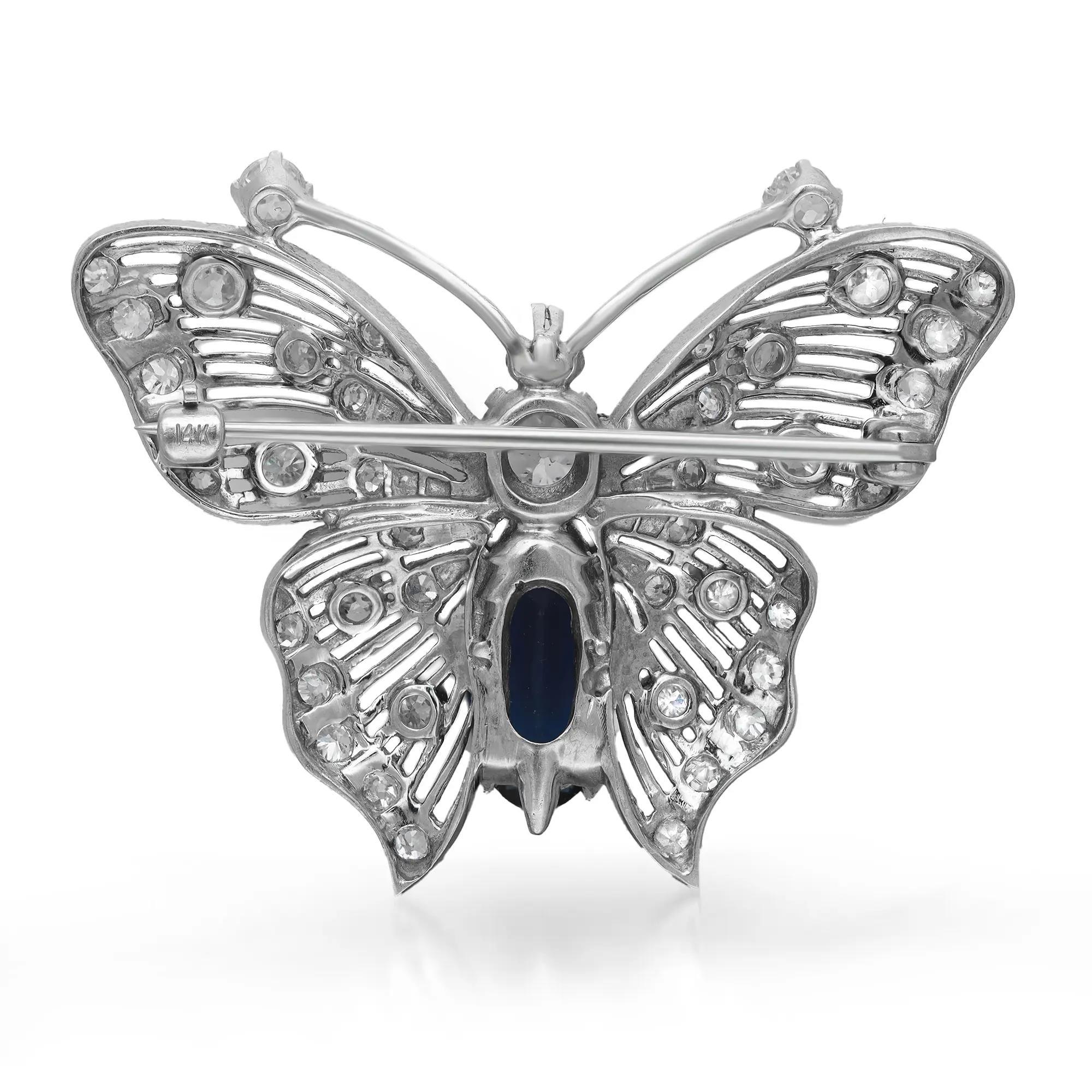 Round Cut Vintage Round Diamond & Synthetic Blue Sapphire Butterfly Brooch 14K White Gold For Sale