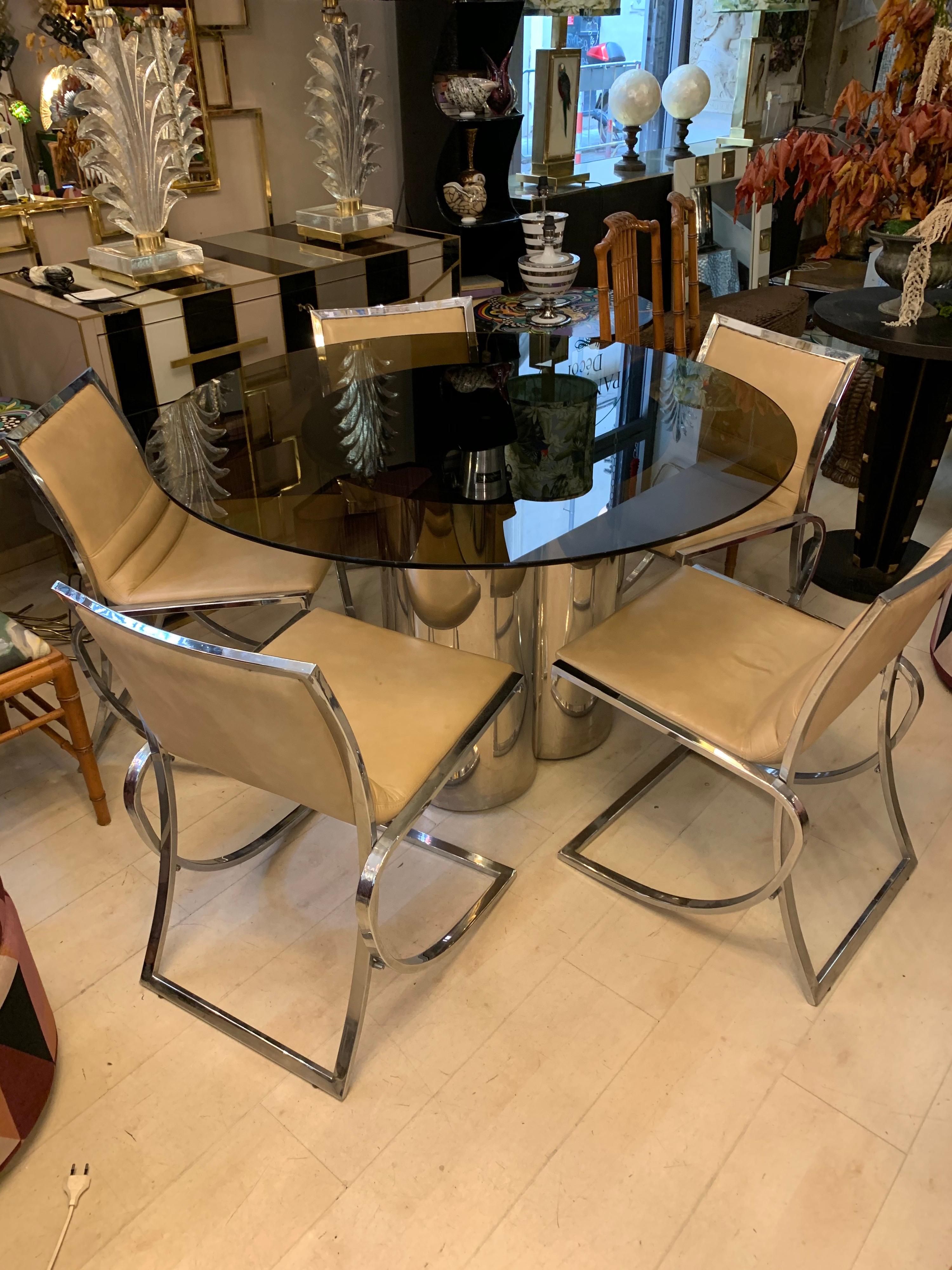 Mid-Century Modern Vintage Round Dining Table and Set of Five Chairs with Chromed Fittings, 1970s