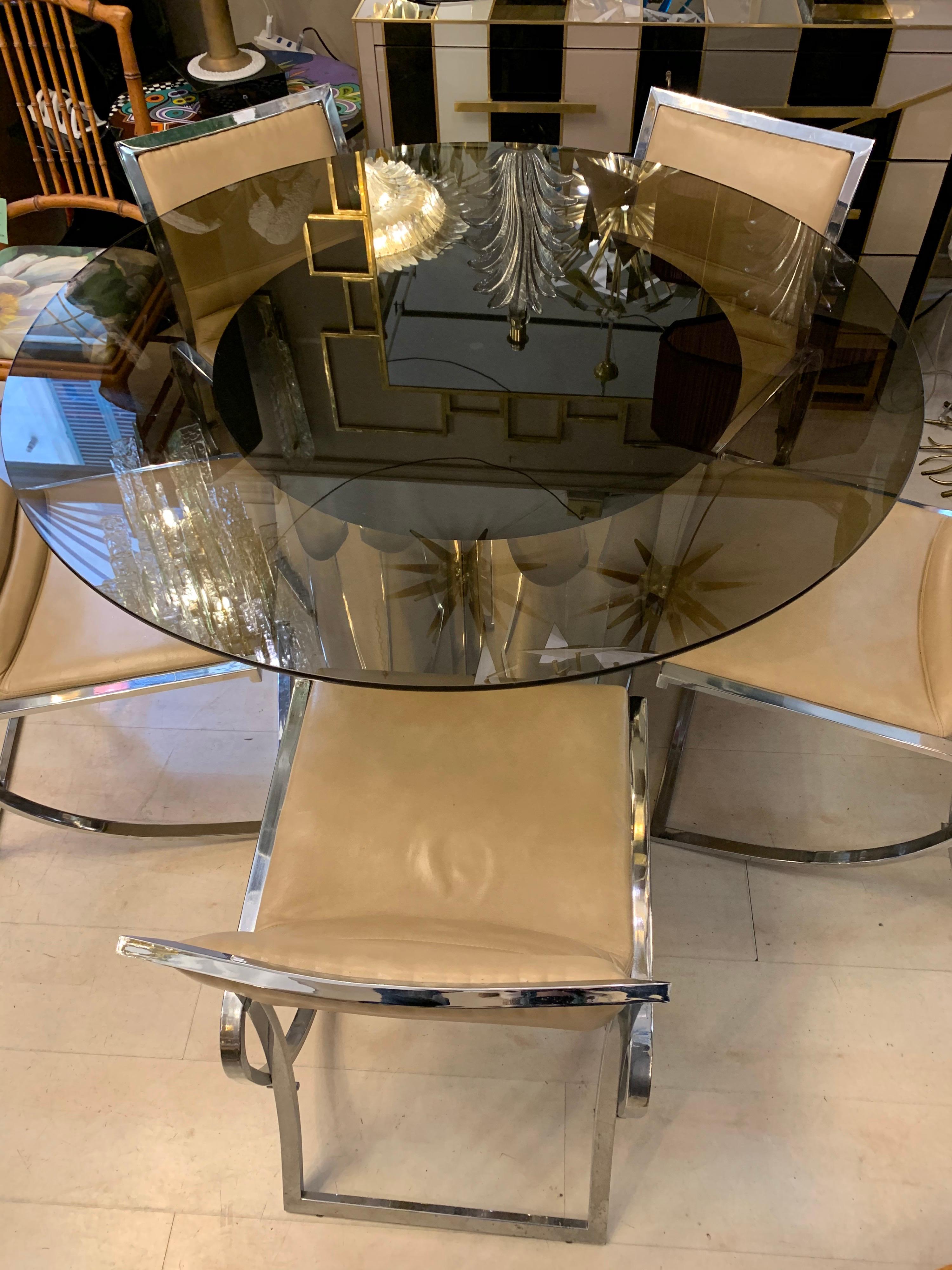 Italian Vintage Round Dining Table and Set of Five Chairs with Chromed Fittings, 1970s