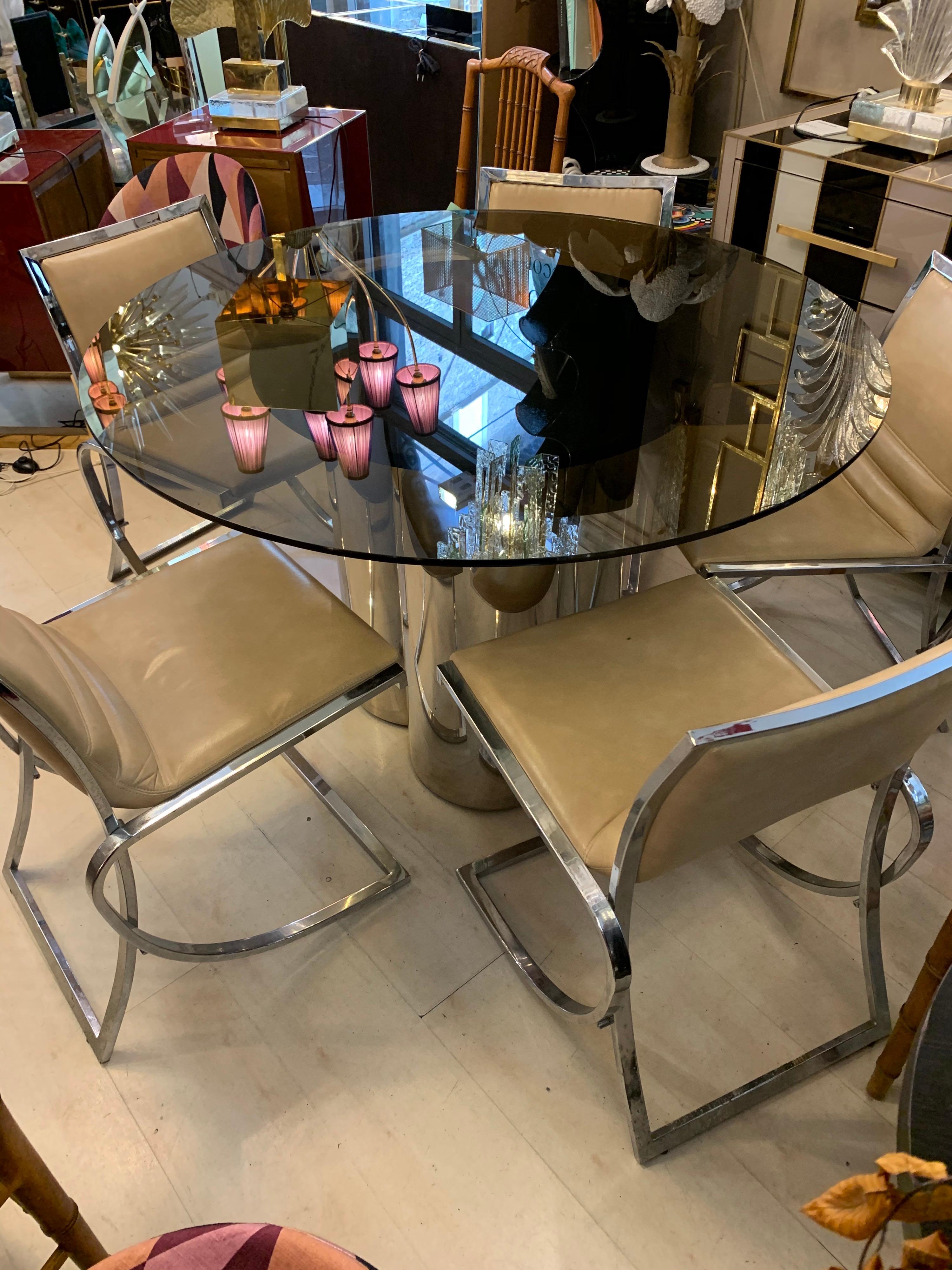 Vintage Round Dining Table and Set of Five Chairs with Chromed Fittings, 1970s In Good Condition In Florence, IT