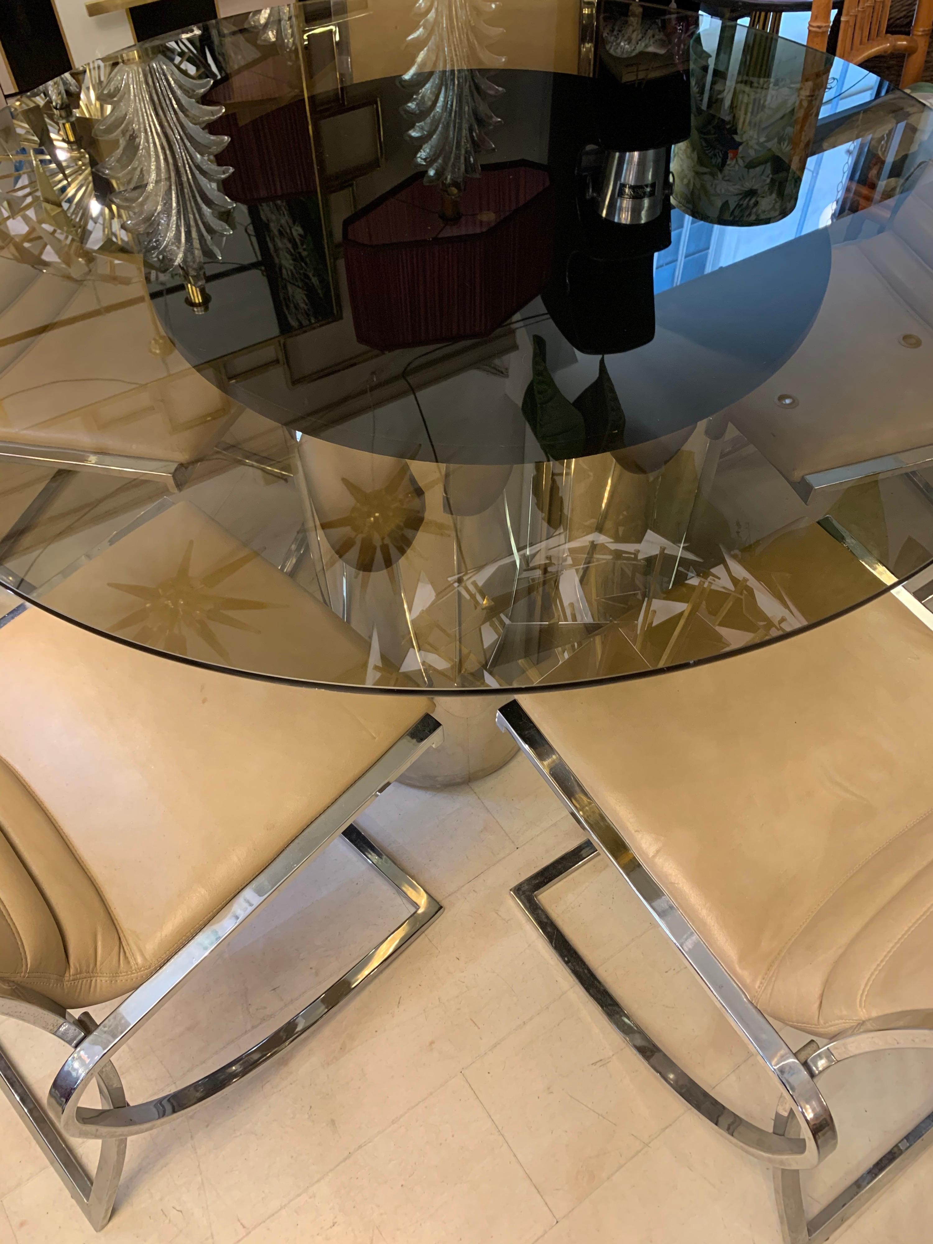 20th Century Vintage Round Dining Table and Set of Five Chairs with Chromed Fittings, 1970s