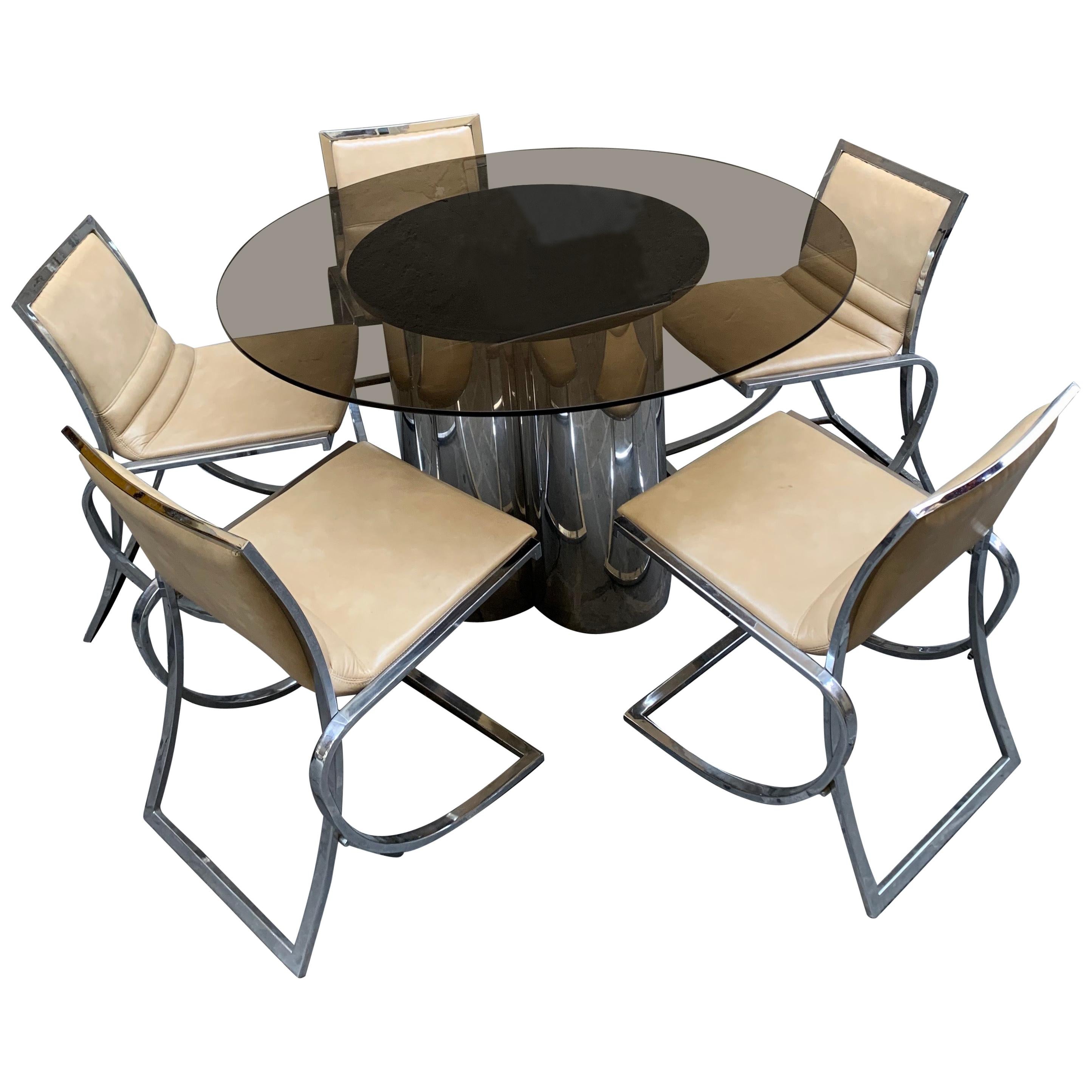 Vintage Round Dining Table and Set of Five Chairs with Chromed Fittings, 1970s