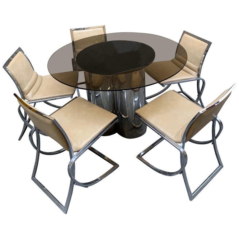 Vintage Round Dining Table and Set of Five Chairs with Chromed Fittings ...
