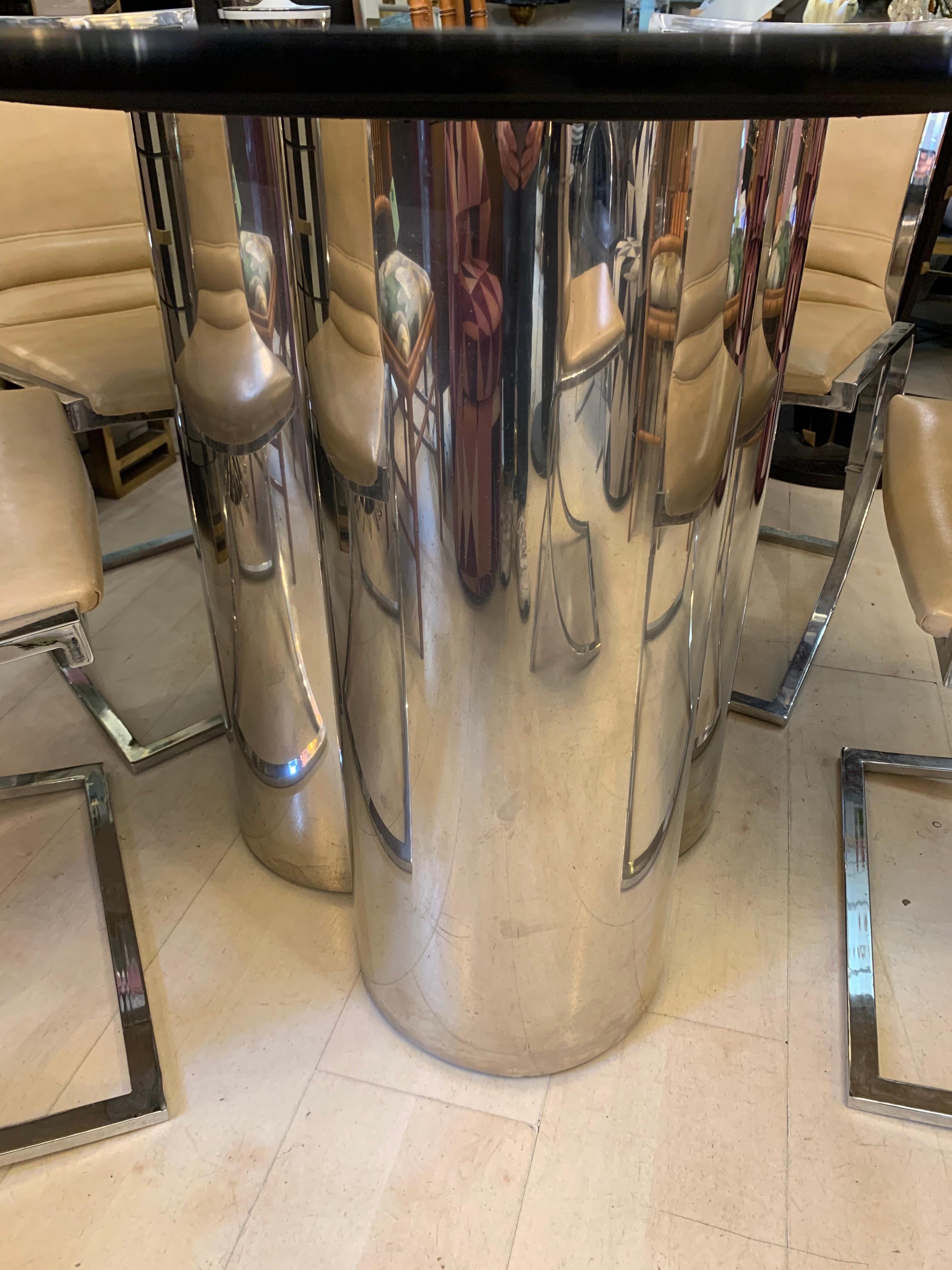 Vintage Round Dining Table with Glass Fumé Top and Chromed Fittings, 1970s 4