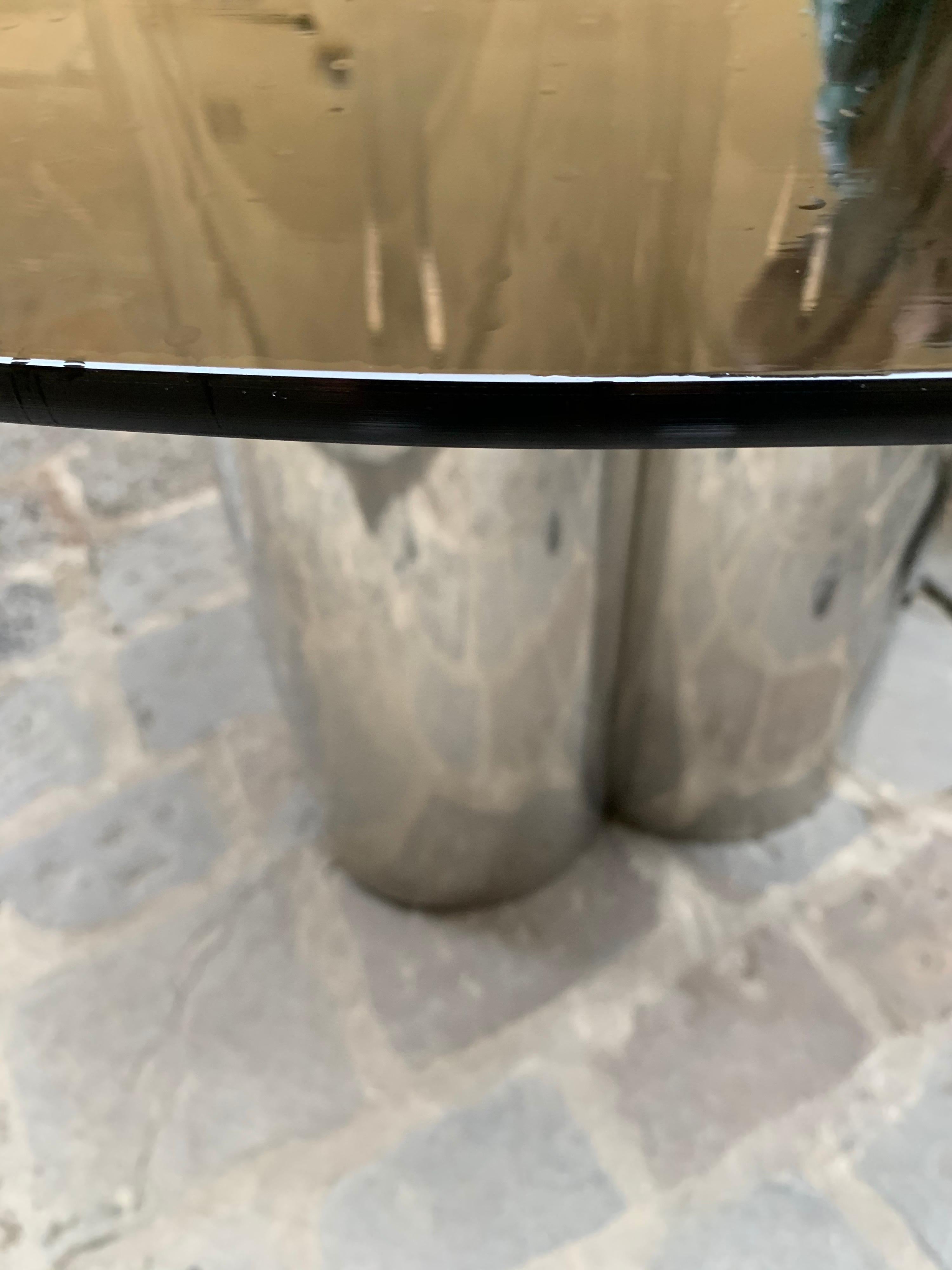 Vintage Round Dining Table with Glass Fumé Top and Chromed Fittings, 1970s 1