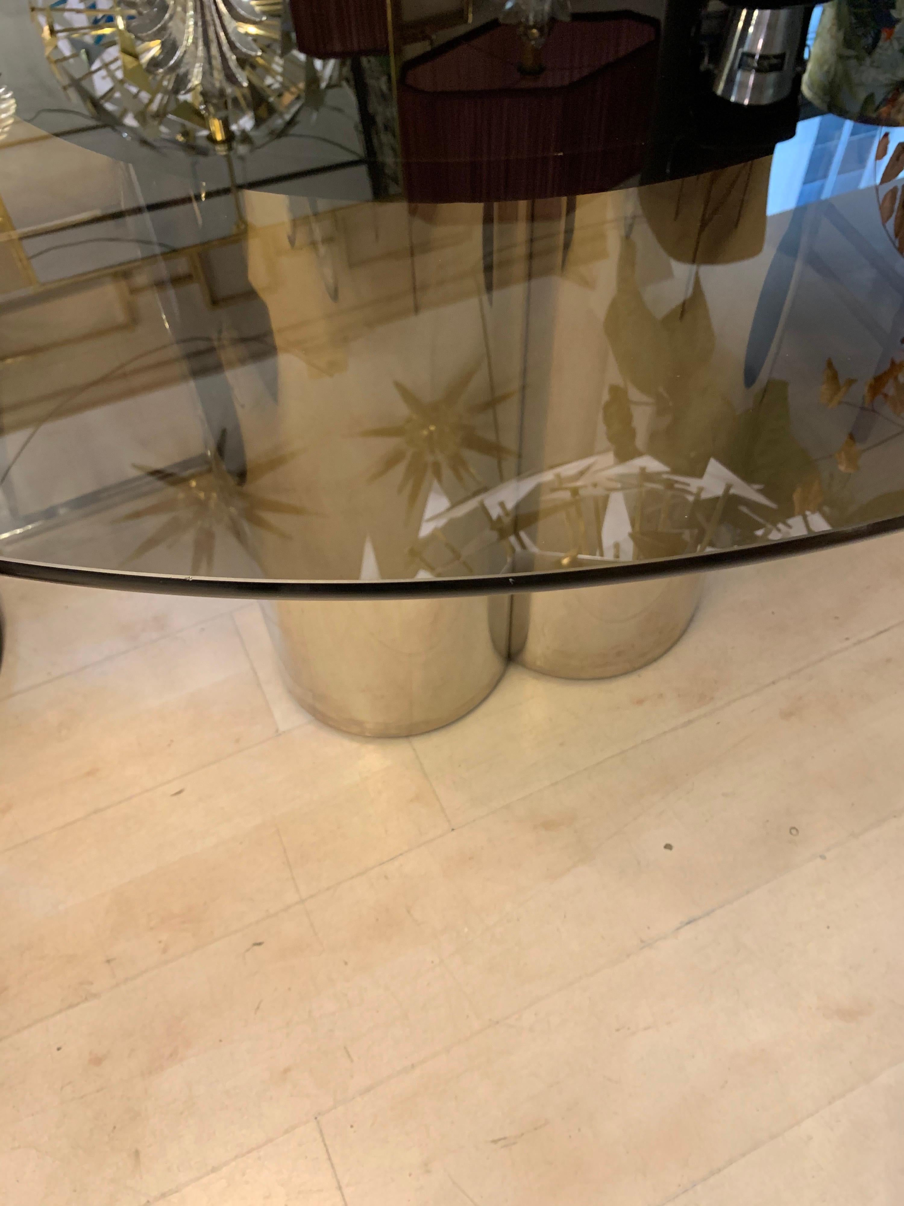 Vintage Round Dining Table with Glass Fumé Top and Chromed Fittings, 1970s 2