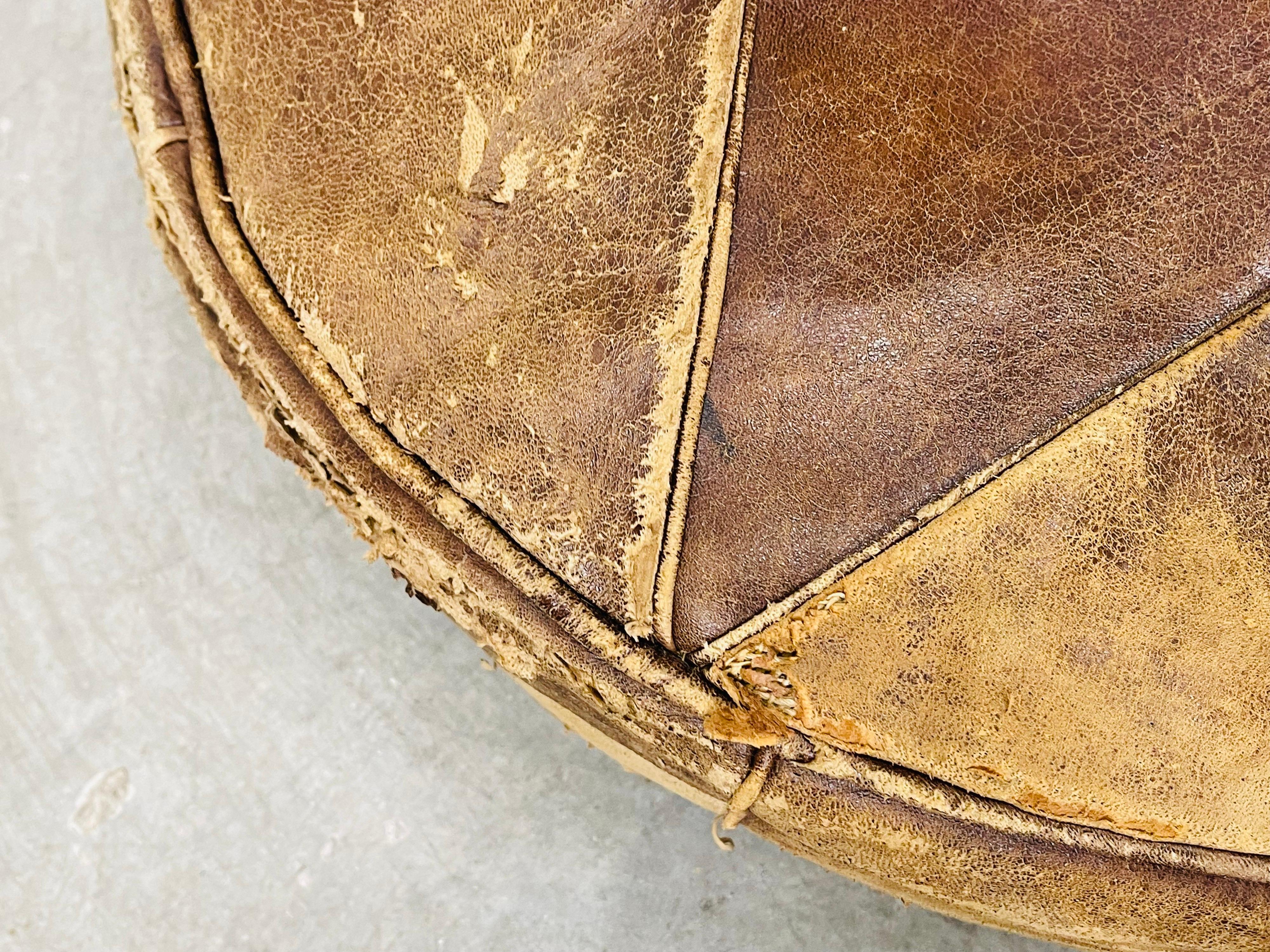 Mid-Century Modern Vintage Round Distressed Leather Hassock For Sale