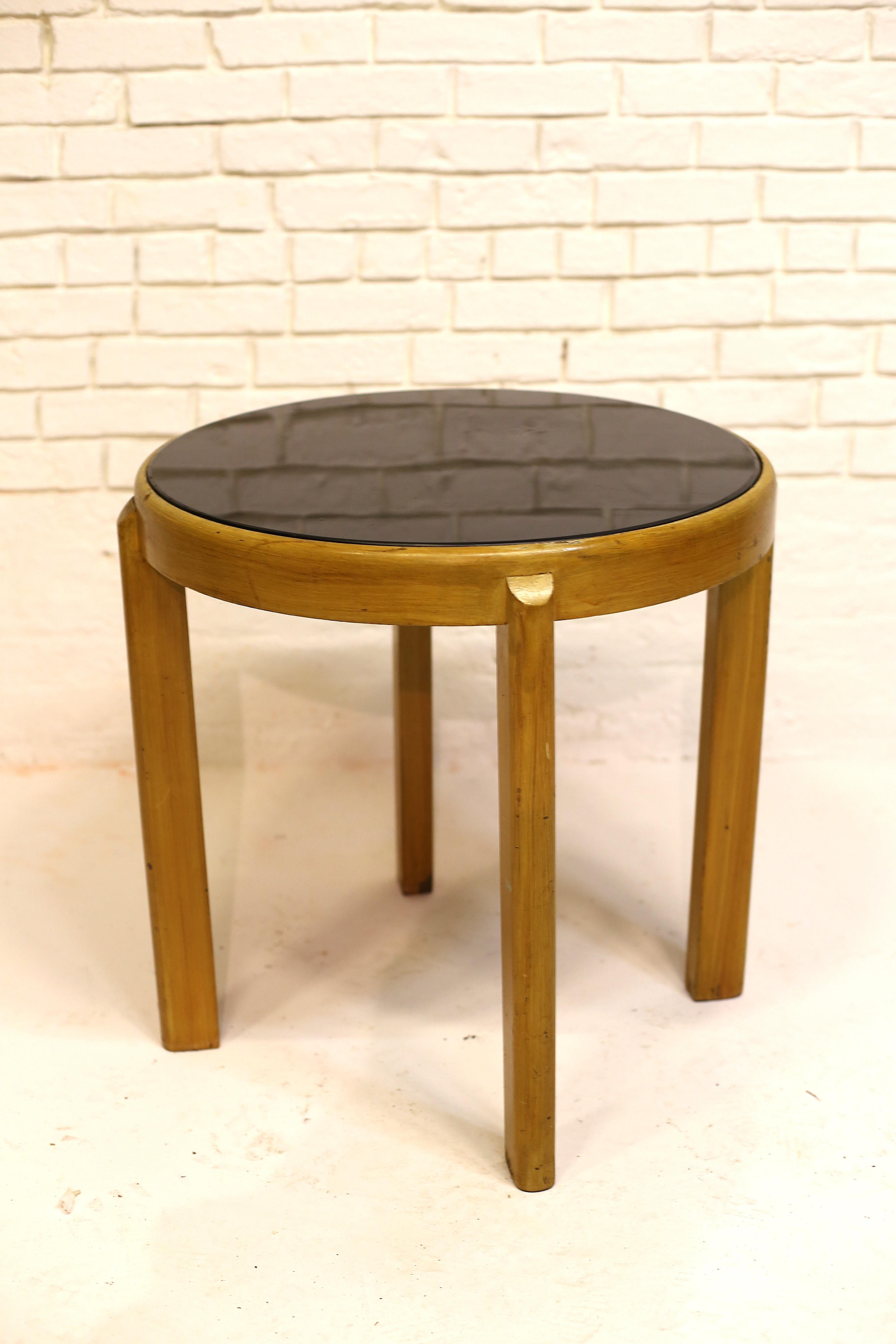 Mid-Century Modern Vintage Round Elm Table with Smoked Glass Top, Austria, Late 20th Century For Sale