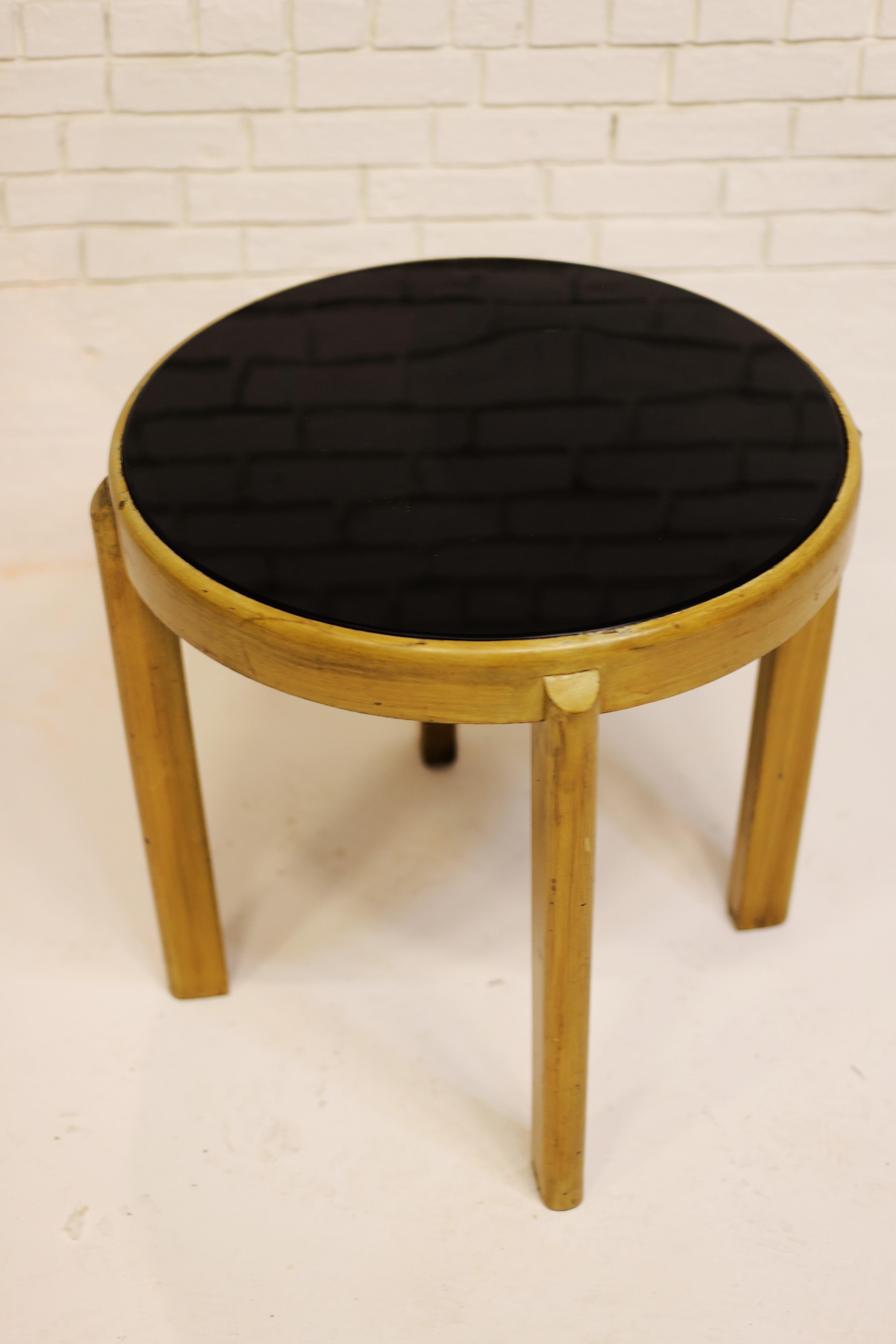 Austrian Vintage Round Elm Table with Smoked Glass Top, Austria, Late 20th Century For Sale