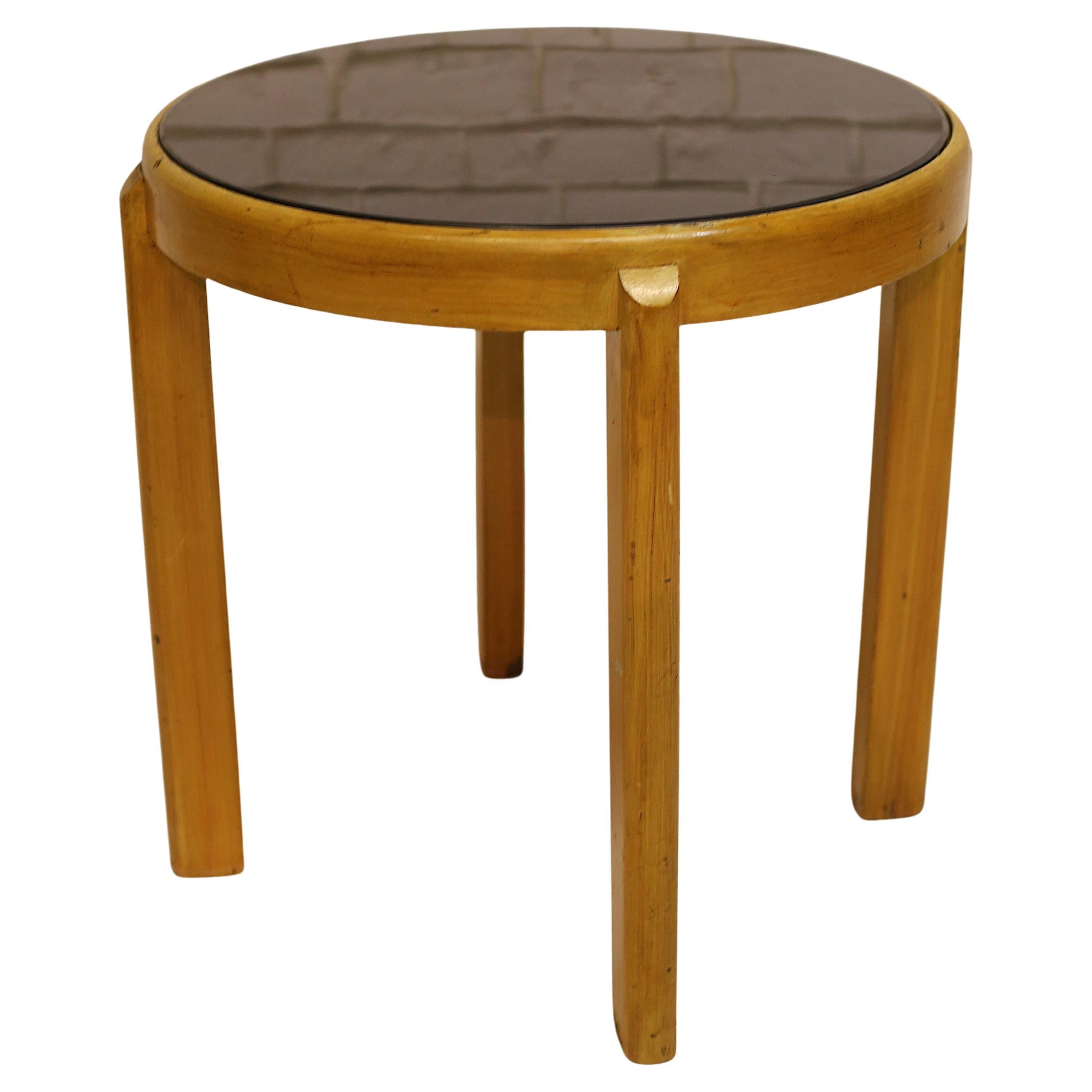 Vintage Round Elm Table with Smoked Glass Top, Austria, Late 20th Century For Sale