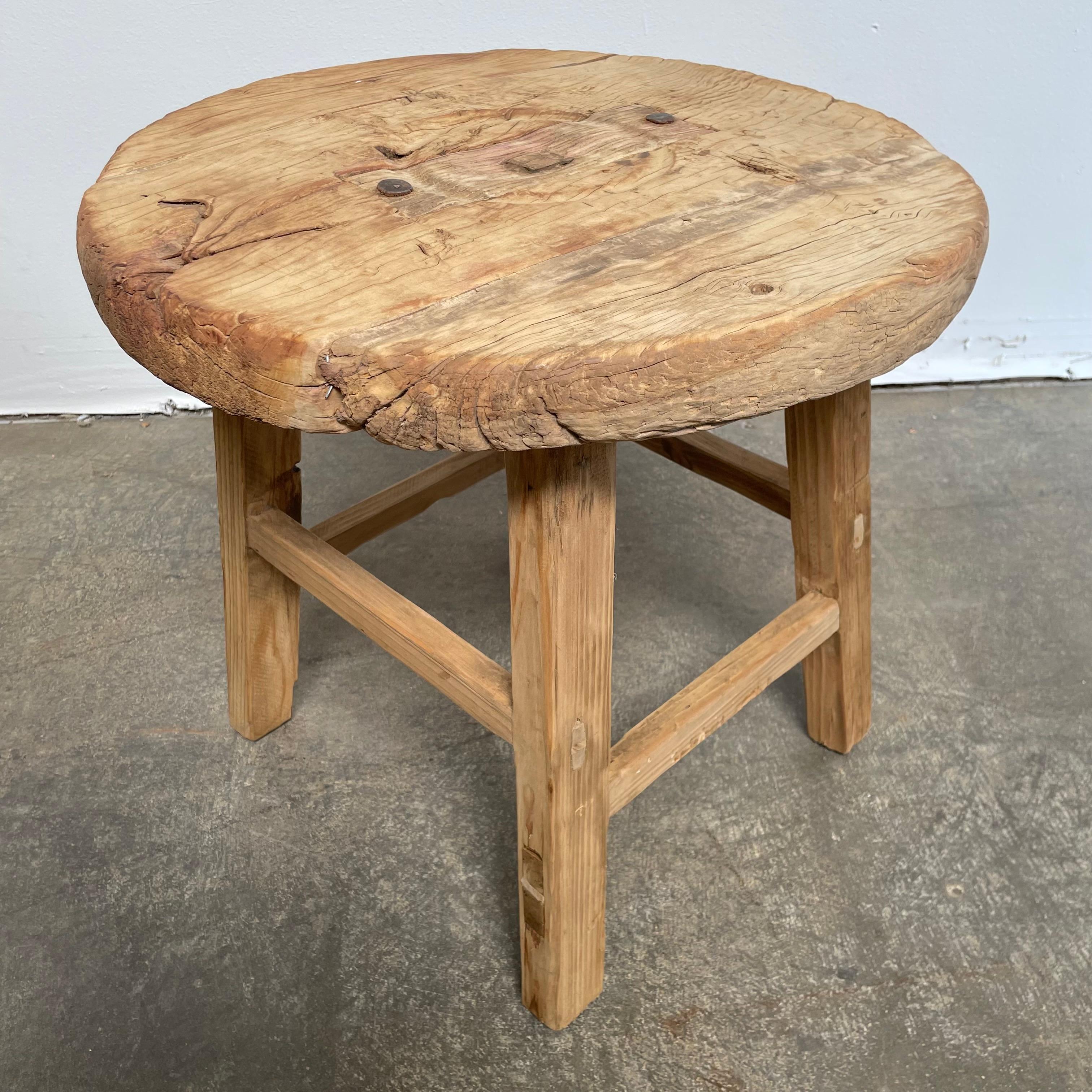 Contemporary Vintage Round Elm Wood Side Table