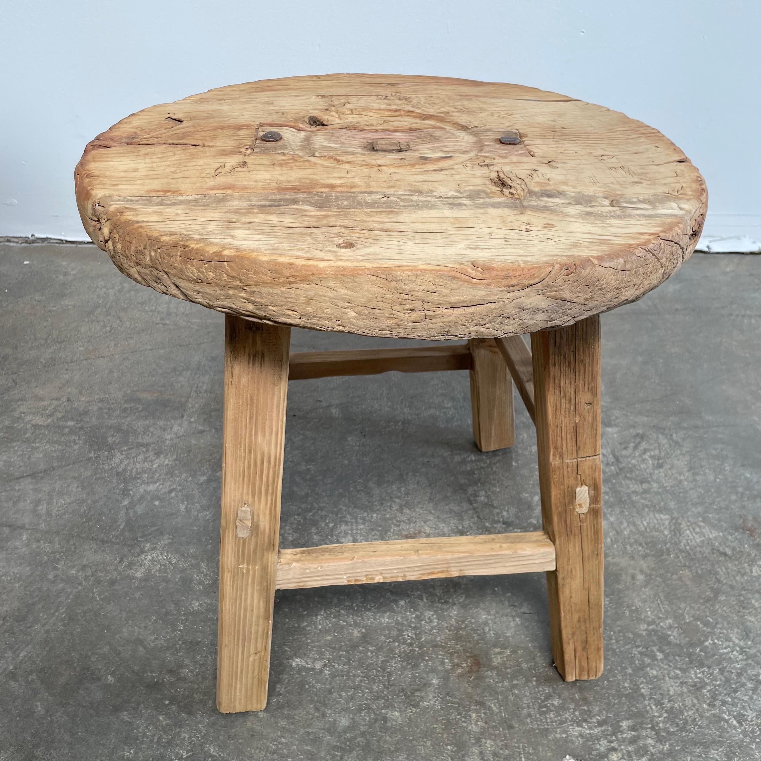 Vintage Round Elm Wood Side Table 1
