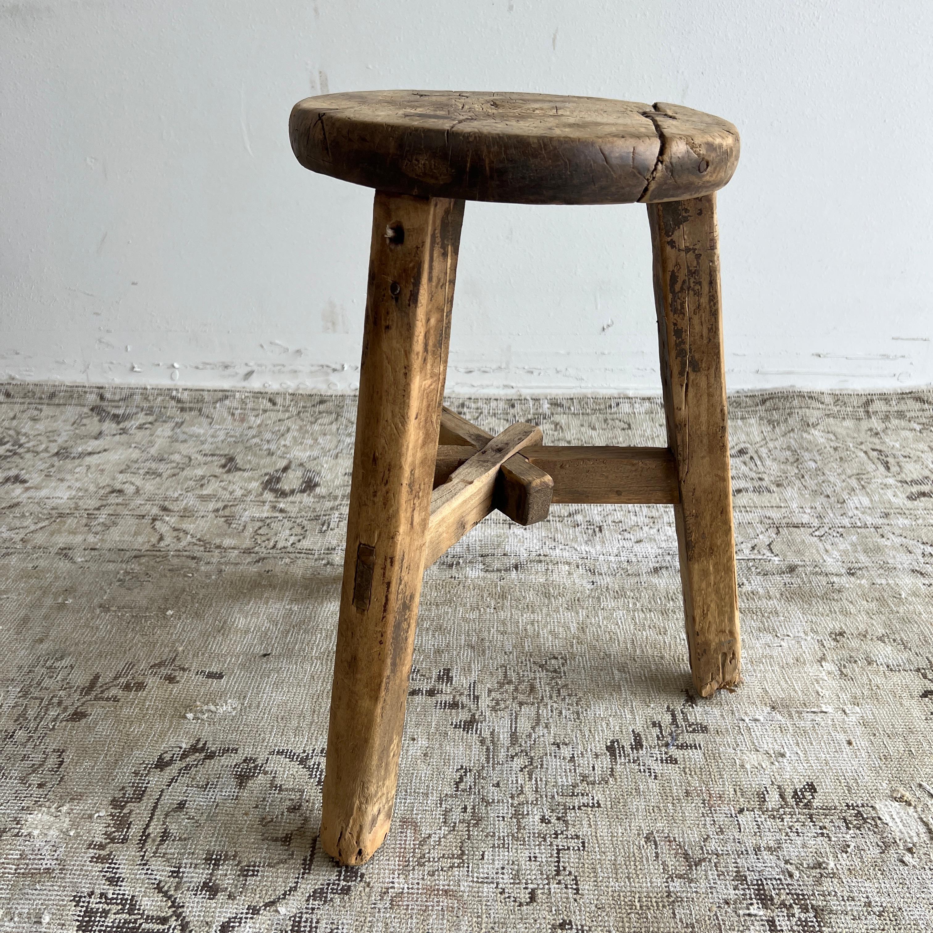 Vintage Round Elm Wood Side Table or Stool 1