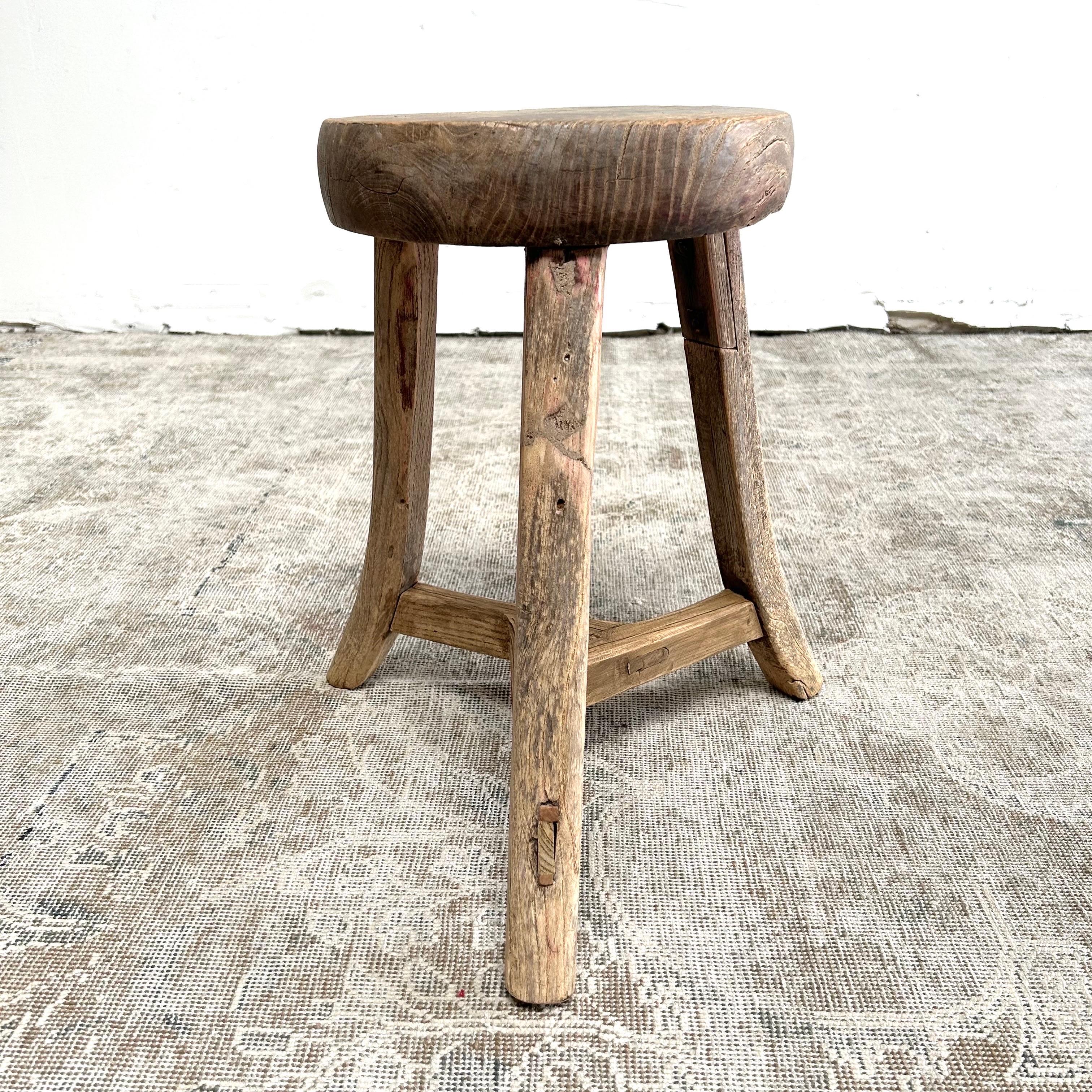 Rd. Elm stool legs span out to 18”w x 18”d x 20”total height 
Seat:11” rd.
These are the real vintage antique elm wood stools! Beautiful antique patina, with weathering and age, these are solid and sturdy ready for daily use, use as a table,