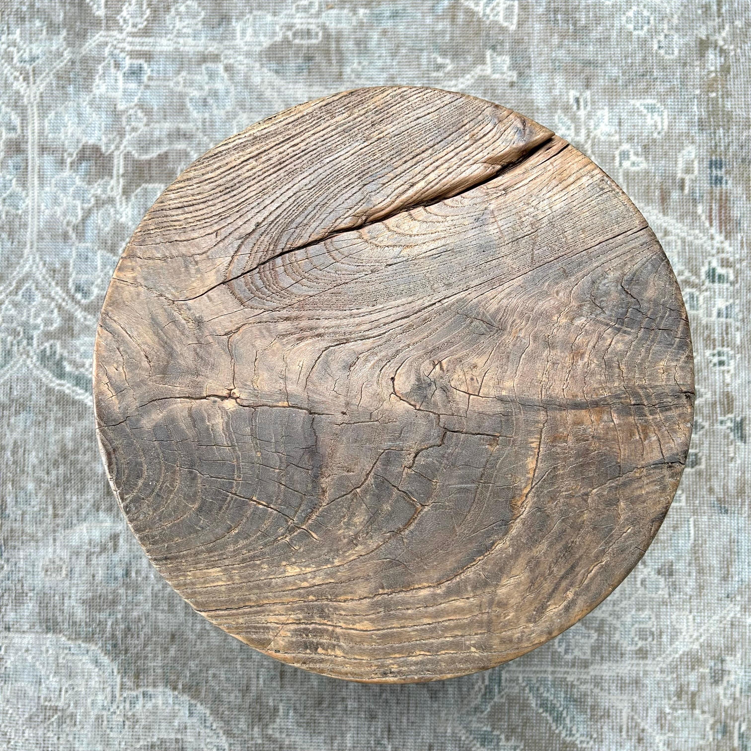 Vintage Round Elm Wood Stool For Sale 3
