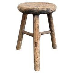 Vintage Round Elm Wood Stool with Faded Paint