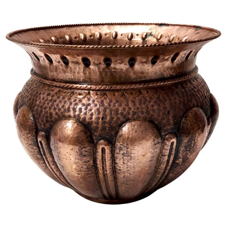 Vintage Round Embossed Copper Cachepot / Vase by Egidio Casagrande, Italy For Sale at 1stDibs
