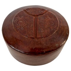 Vintage Round Ethnic Hand-Tooled Tuareg Leather Box African Folk Art Mauritania