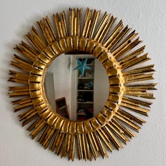 Vintage Round Gold Gilt Starburst Sunburst Wall Mirror, Italy