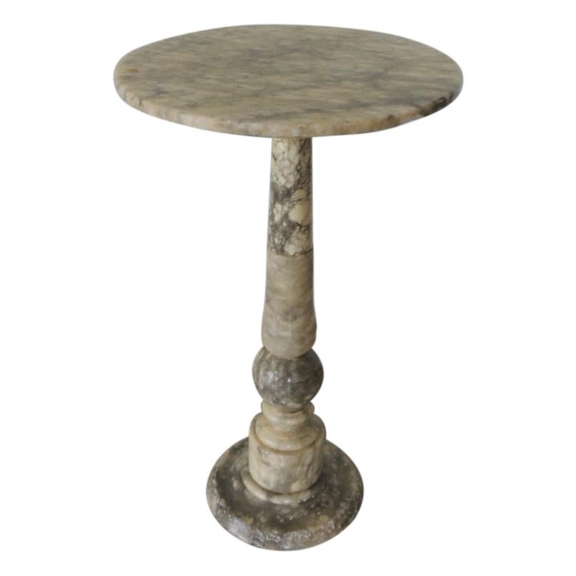 Vintage Round Grey and White Italian Carrera Marble Side Table