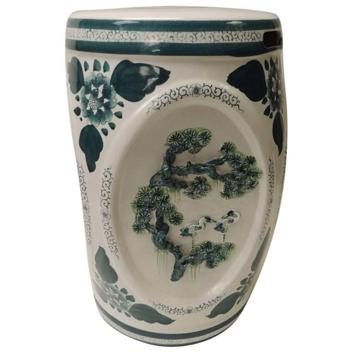 Vintage Round Hand Painted Green And White Ceramic Chinese Export