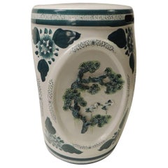 Vintage Round Hand-Painted Green and White Ceramic Chinese Export Garden Stool