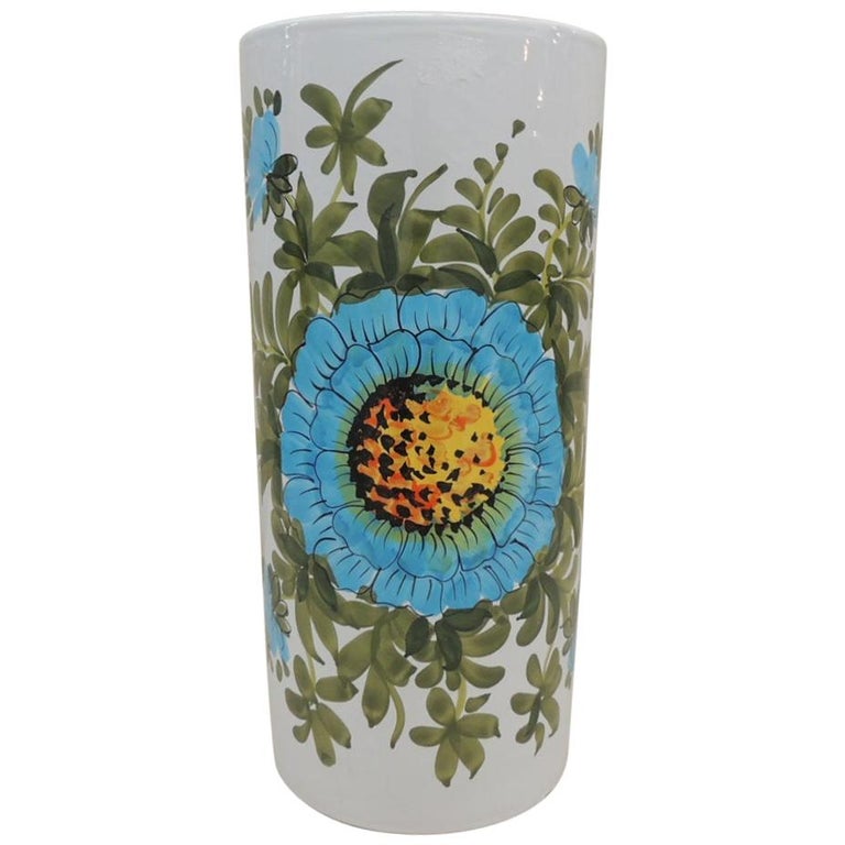 Vintage Round Hand Painted Umbrella Stand For Sale at 1stDibs