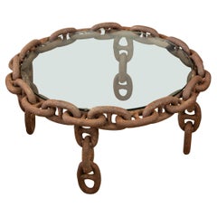 Vintage Round Iron Chain Link Glass Coffee Table