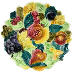 Vintage Round Italian Colorful Hand Painted Ceramic Majolica Fruit Platter