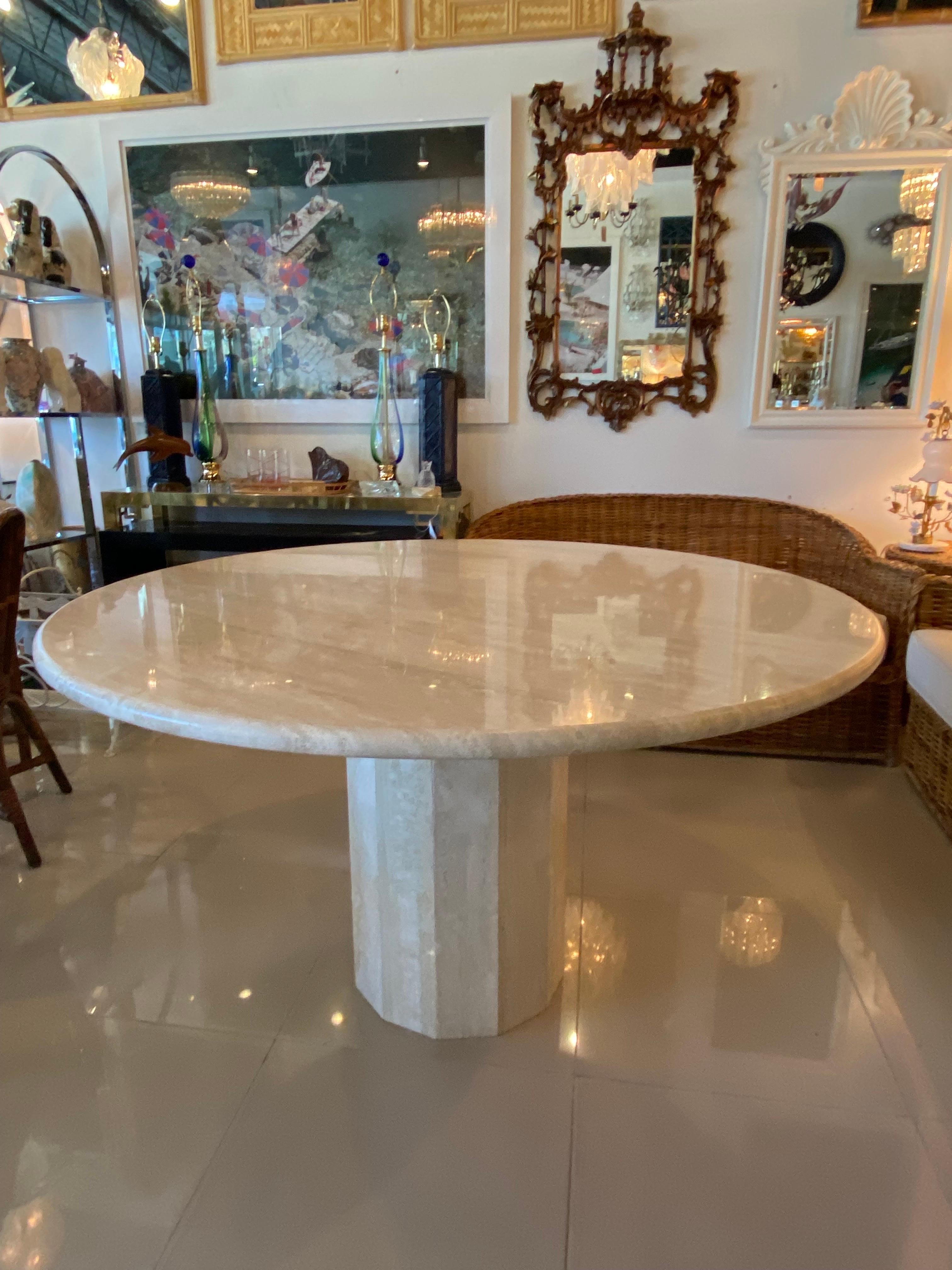 Vintage Round Italian Travertine International Stone Dining Table or Game Table  6