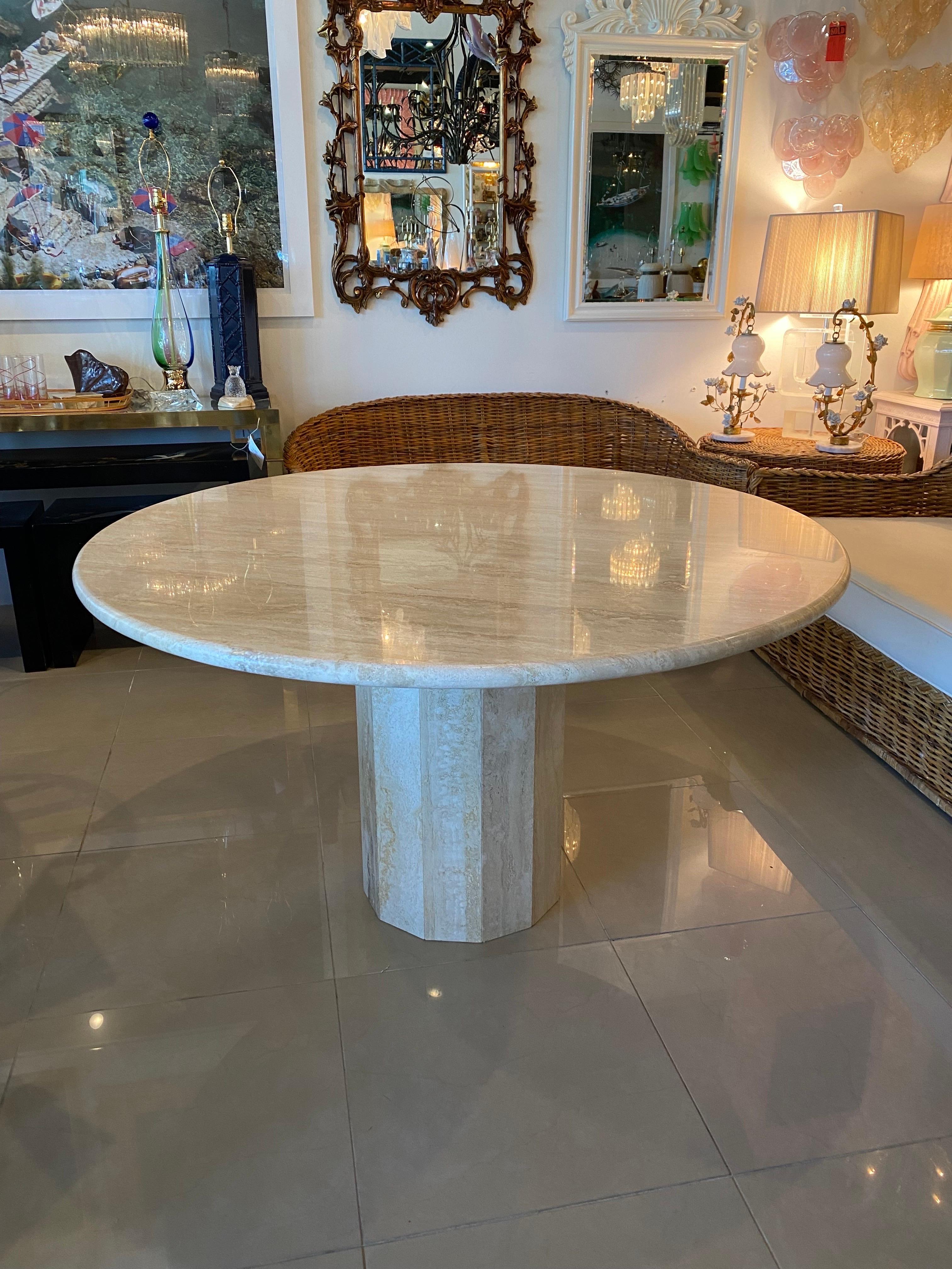 Vintage Round Italian Travertine International Stone Dining Table or Game Table  8