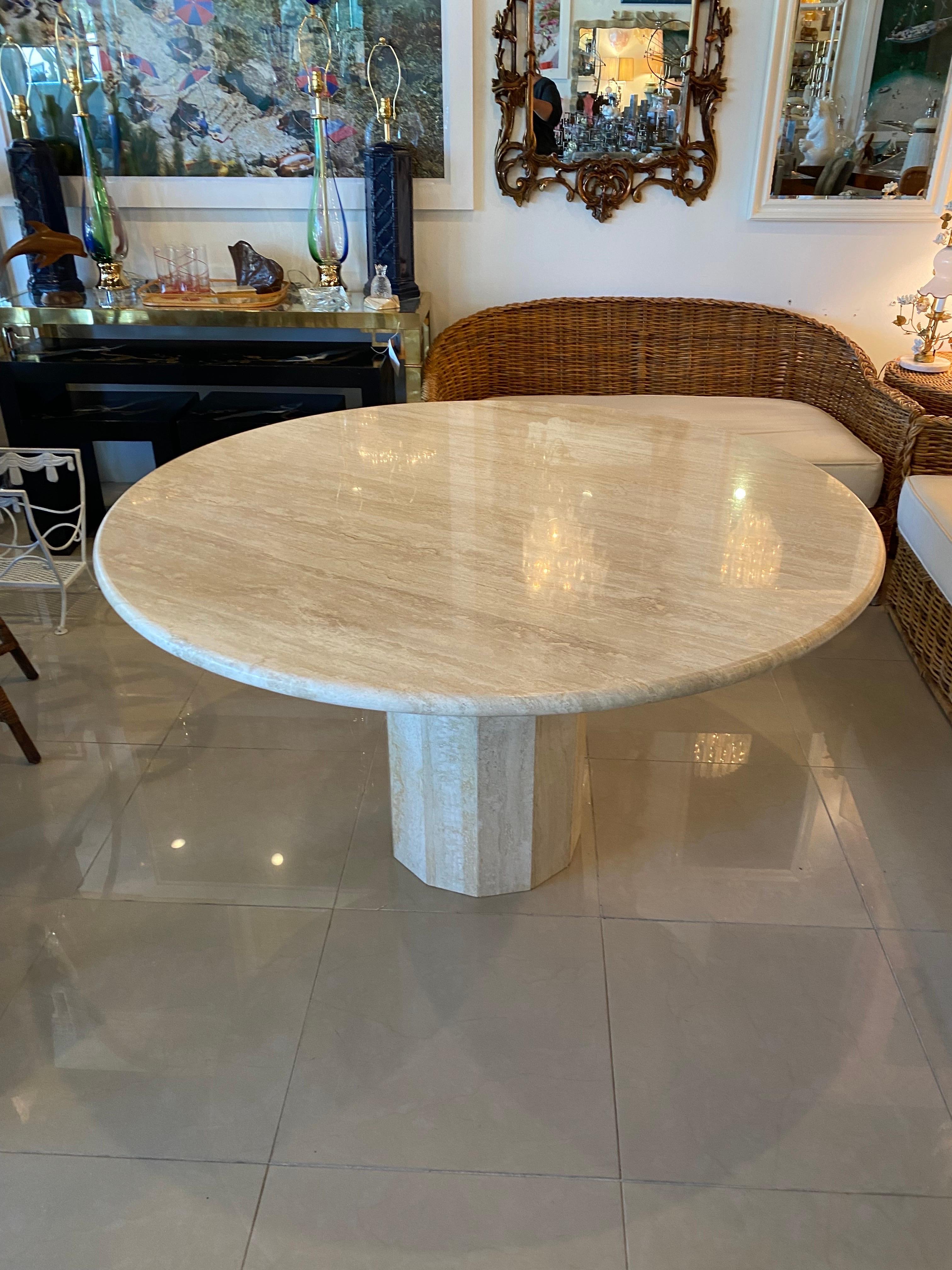 Vintage Round Italian Travertine International Stone Dining Table or Game Table  9