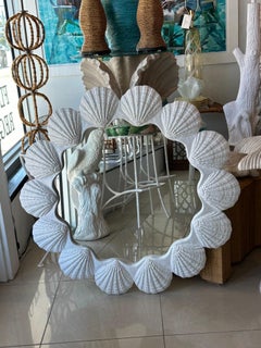 Vintage Round Lacquered Palm Beach Scallop Seashell Shell Mirror Pair Available