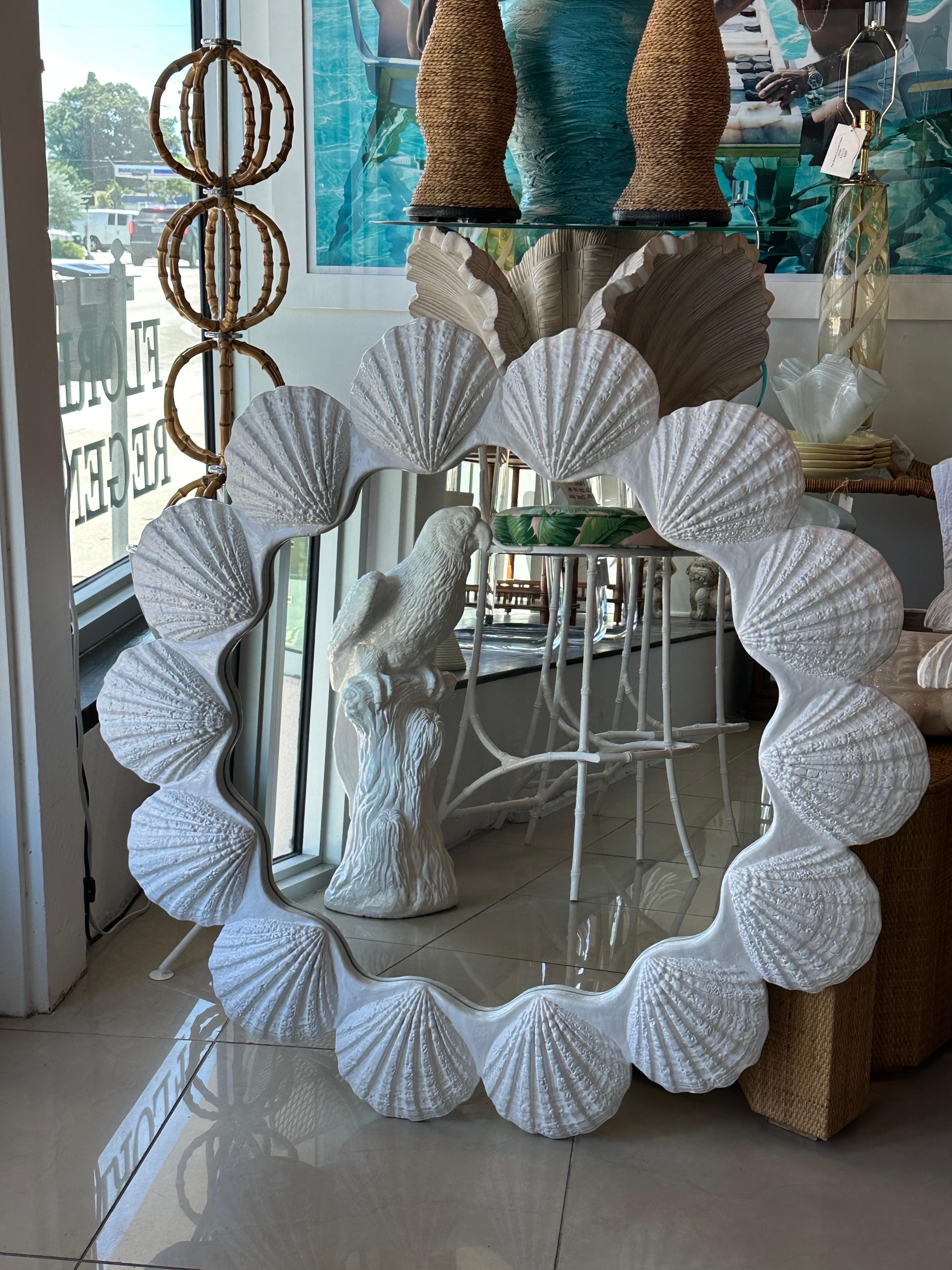 Vintage Round Lacquered Palm Beach Scallop Seashell Shell Mirror Pair Available In Good Condition In West Palm Beach, FL