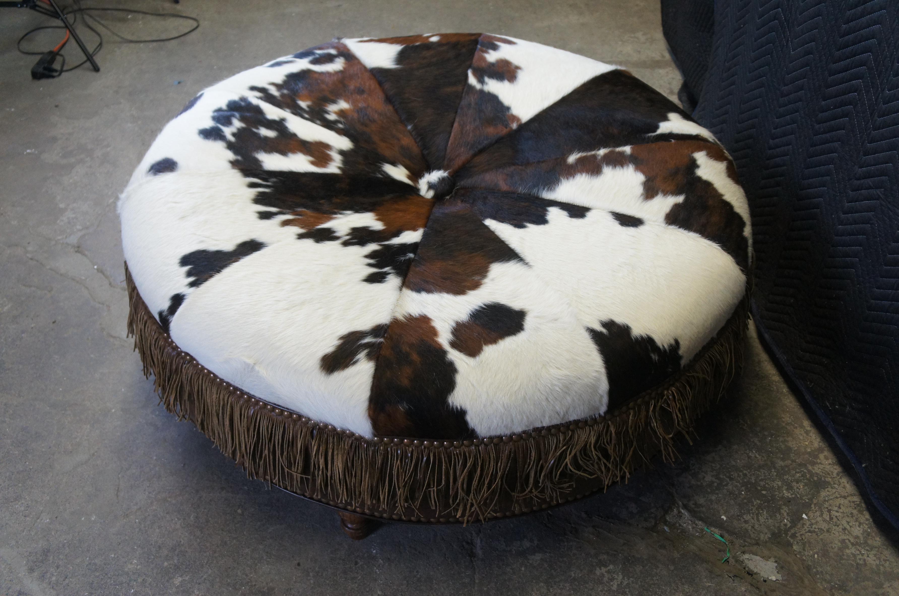 Vintage Round Leather Cowhide Fringed Ottoman Southwestern Brown & White 2