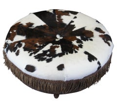 Vintage Round Leather Cowhide Fringed Ottoman Southwestern Brown & White