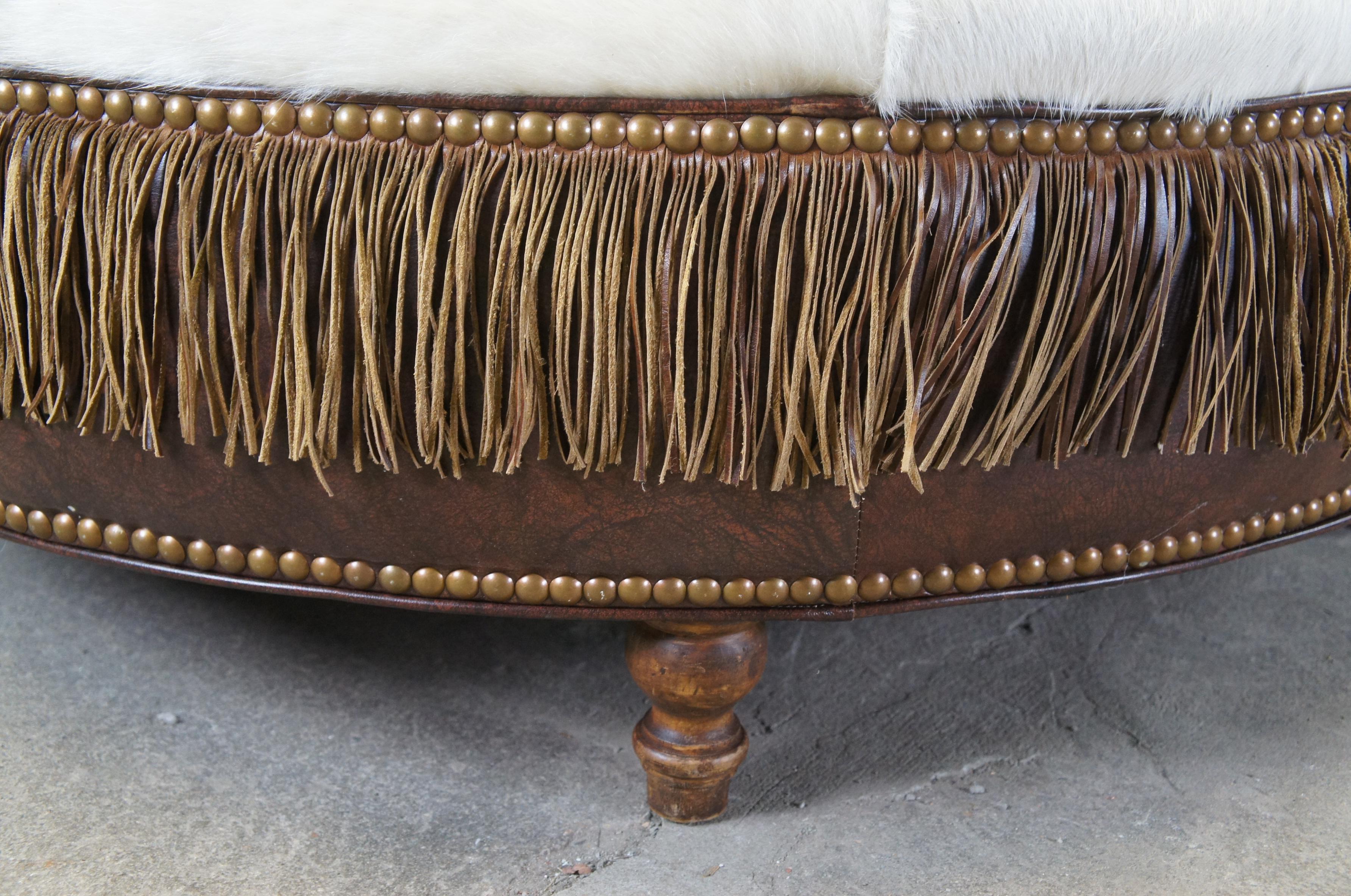 Rustic Vintage Round Leather Cowhide Fringed Ottoman Southwestern Brown & White