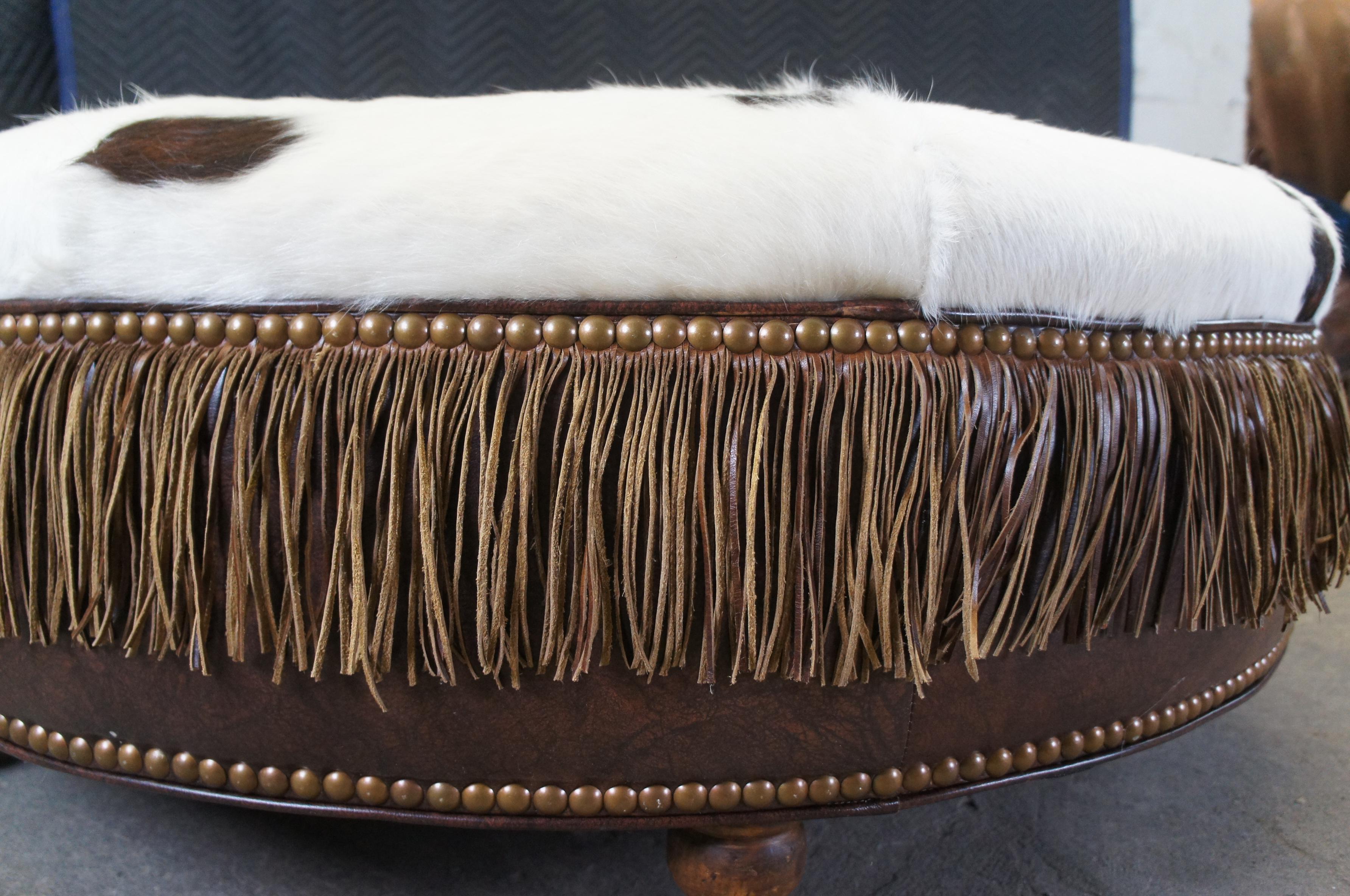 20th Century Vintage Round Leather Cowhide Fringed Ottoman Southwestern Brown & White