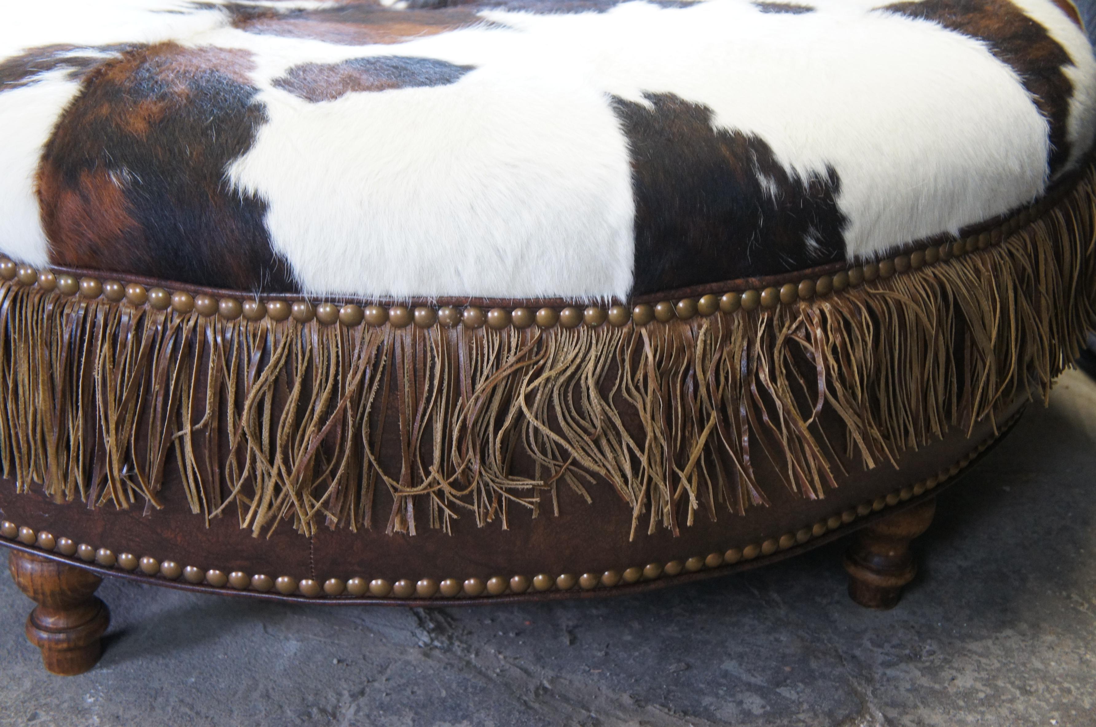 Vintage Round Leather Cowhide Fringed Ottoman Southwestern Brown & White 1